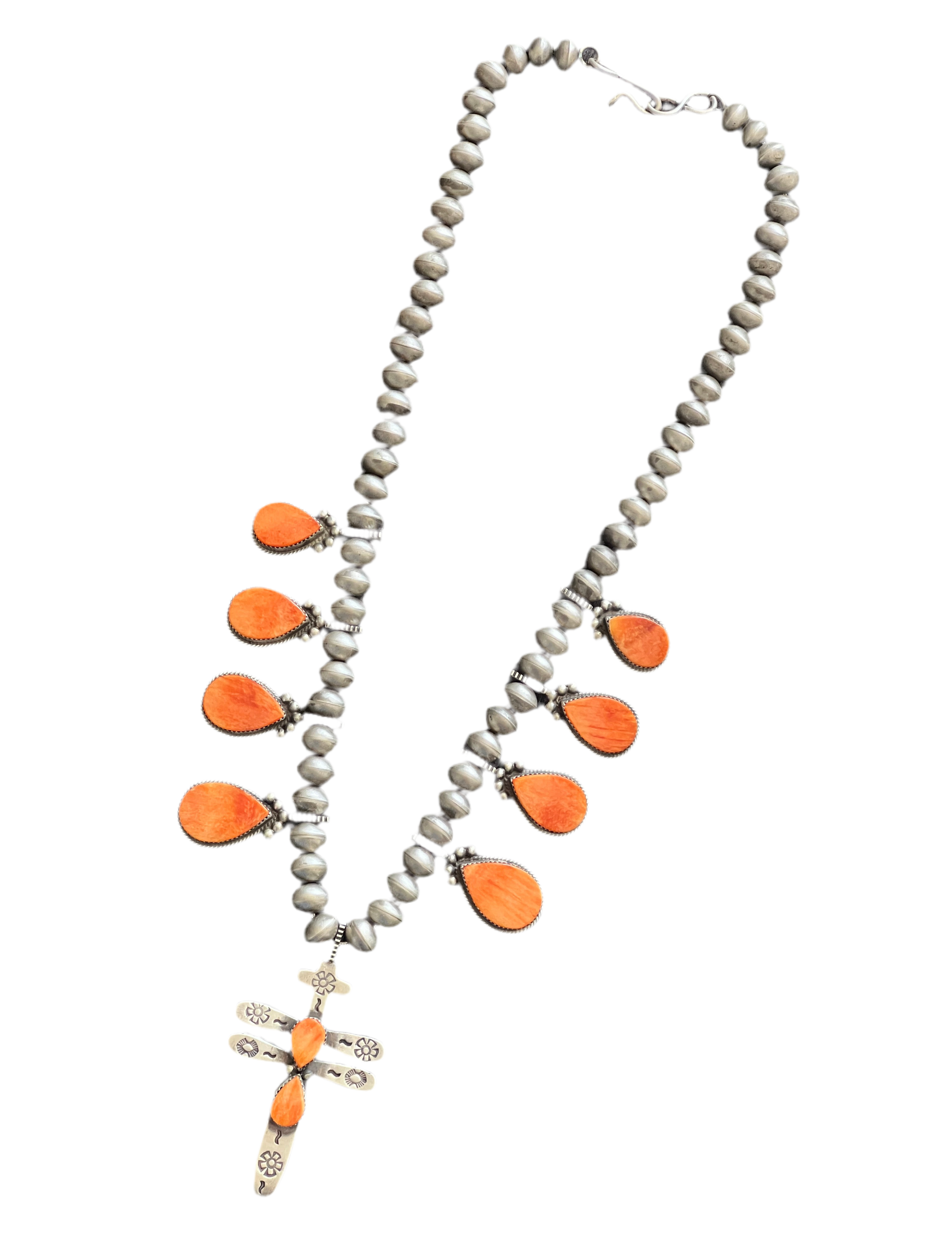 Handcrafted Sterling Silver And Orange Spiny Oyster Shell Dragonfly Bead Necklace by Selena Warner