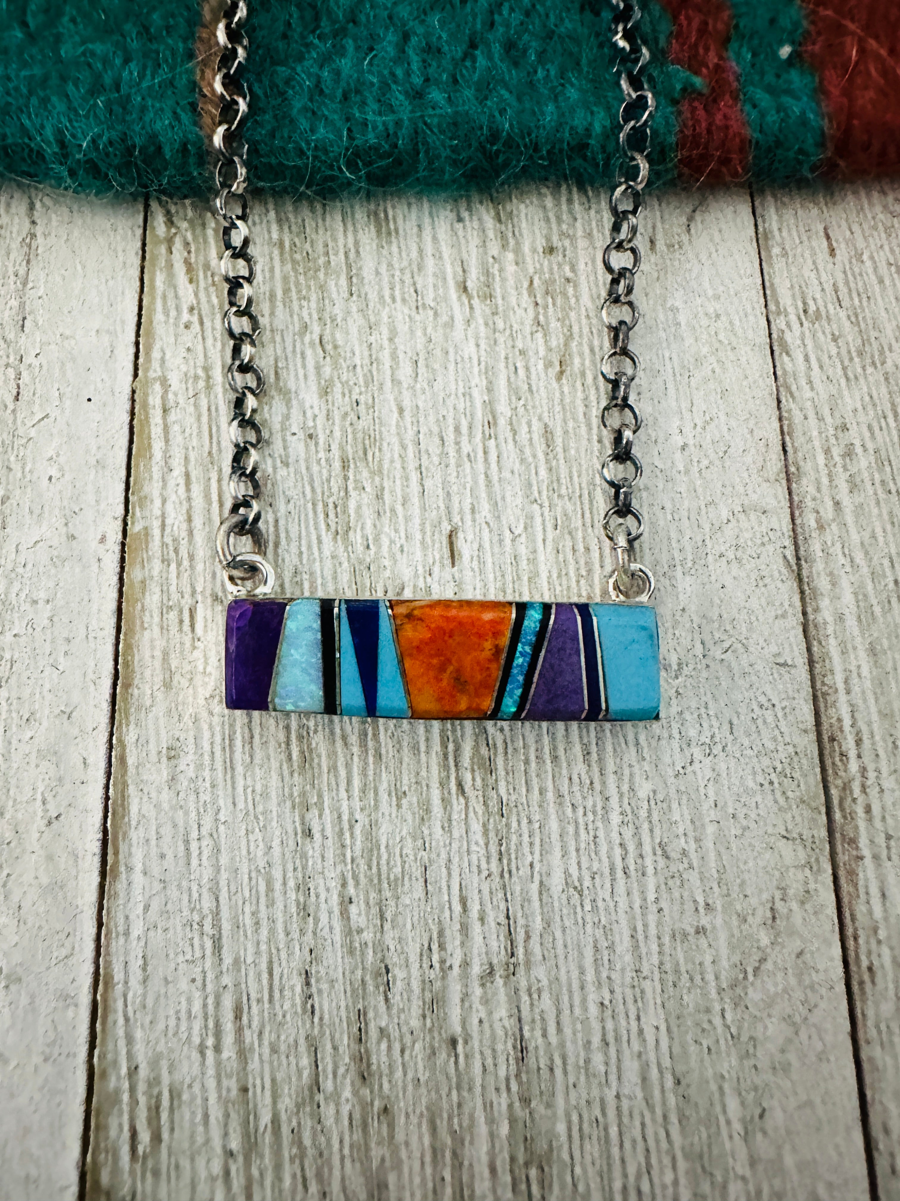 Navajo Multi Stone & Sterling Silver Inlay Bar Necklace