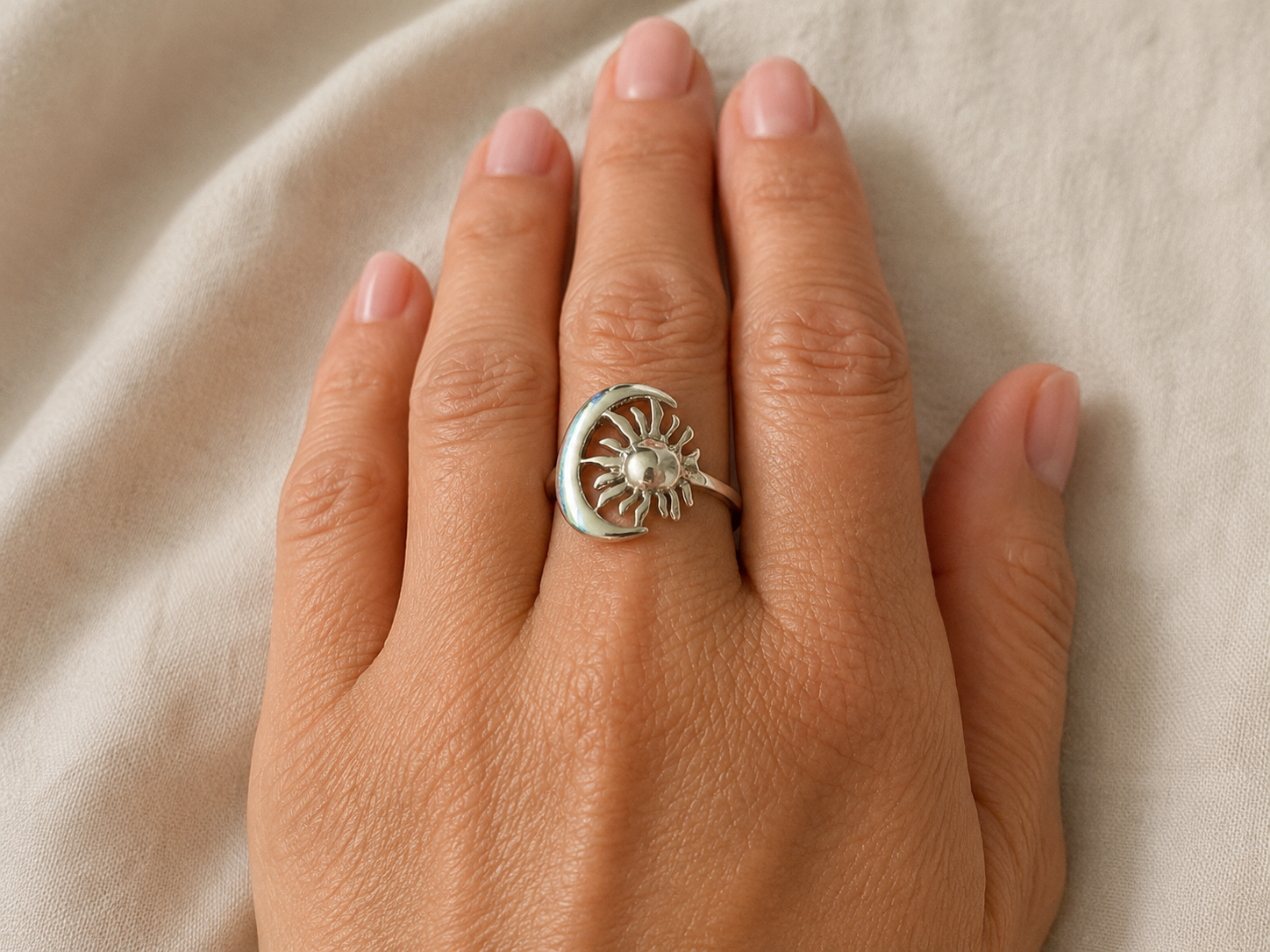 Sun and Crescent Moon Sterling Silver Ring