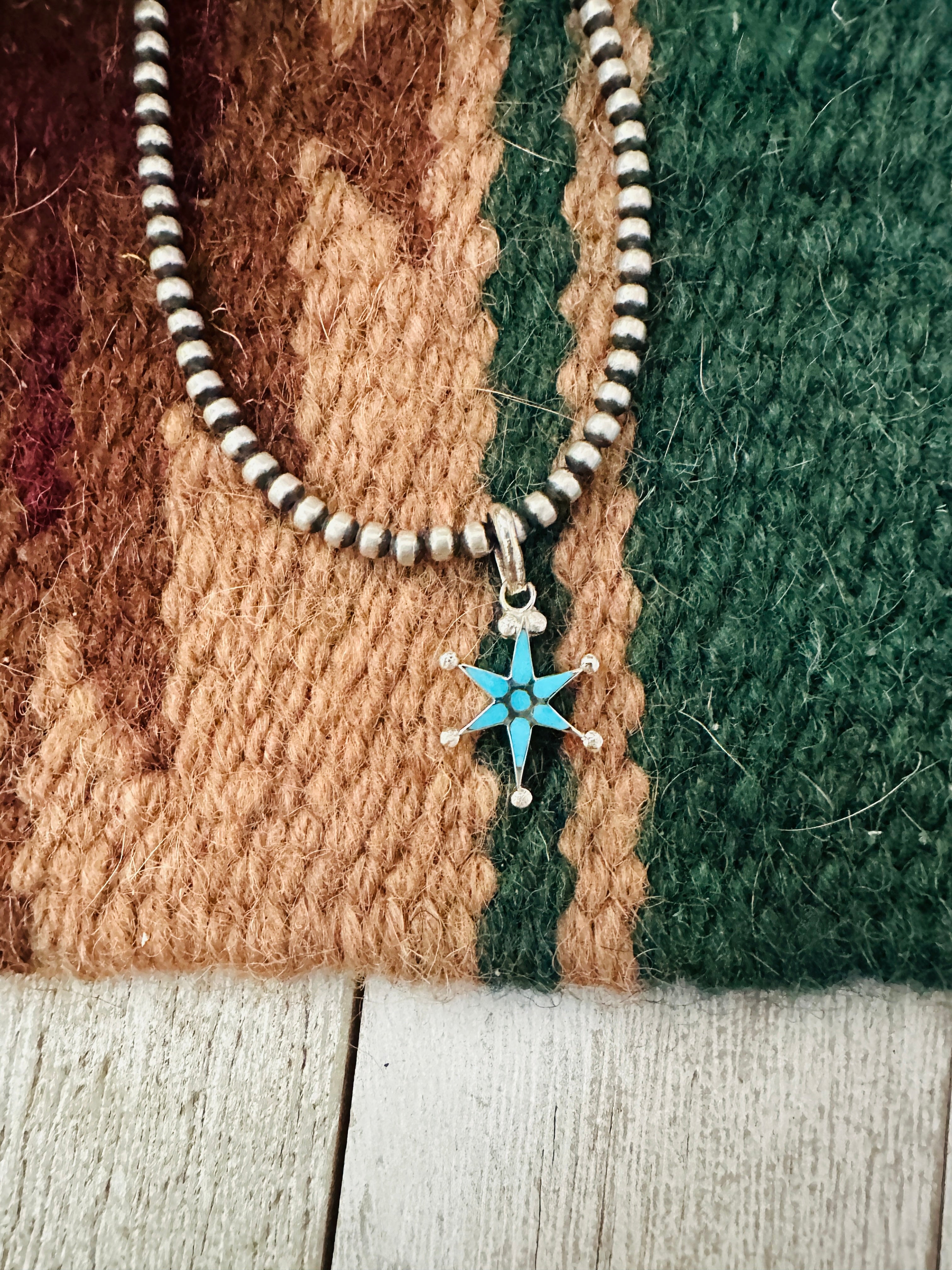 Zuni Sterling Silver & Turquoise Mini Star Pendant Signed