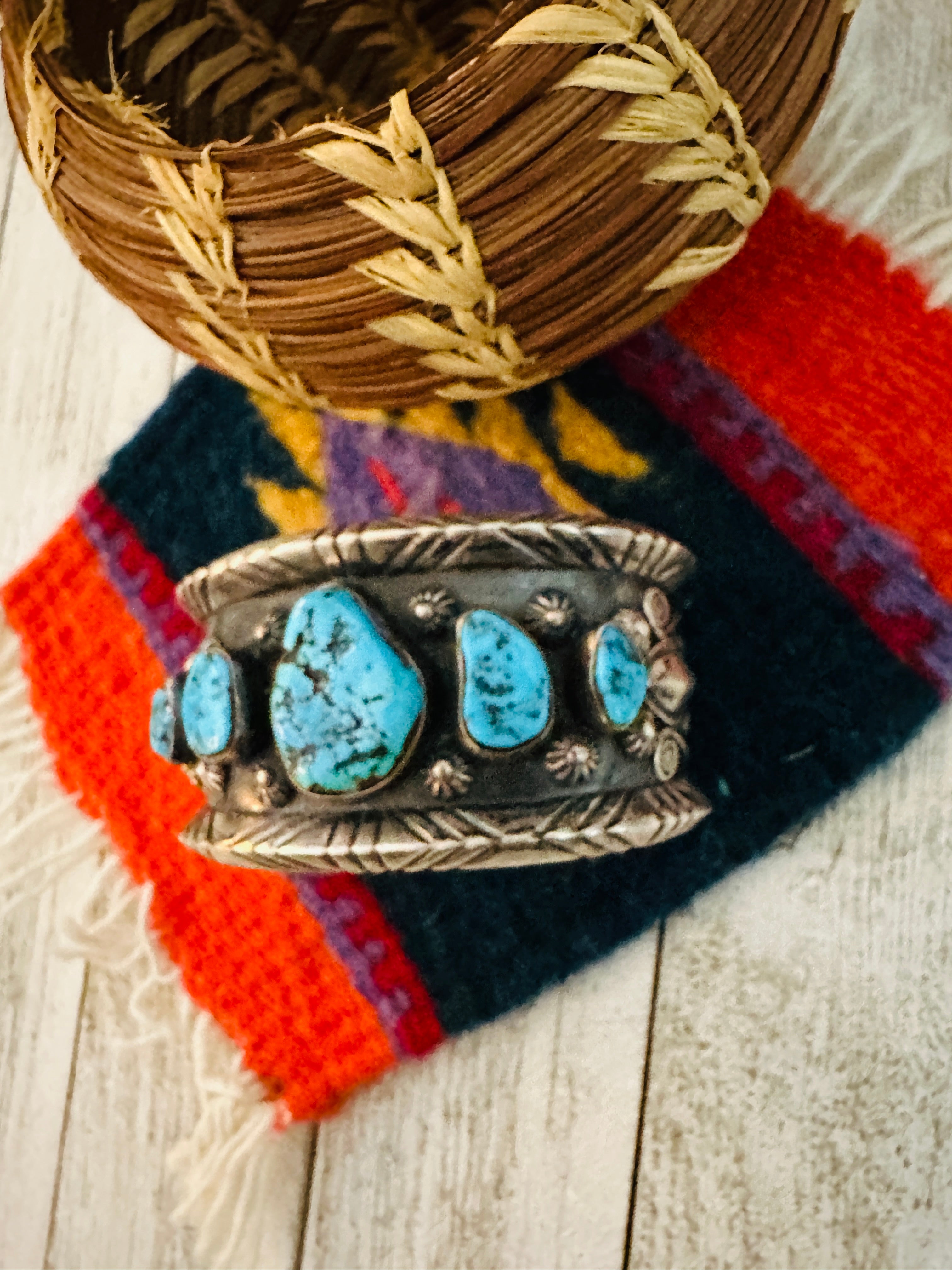 Old Pawn Navajo Sterling Silver & Kingman Turquoise Cuff Bracelet