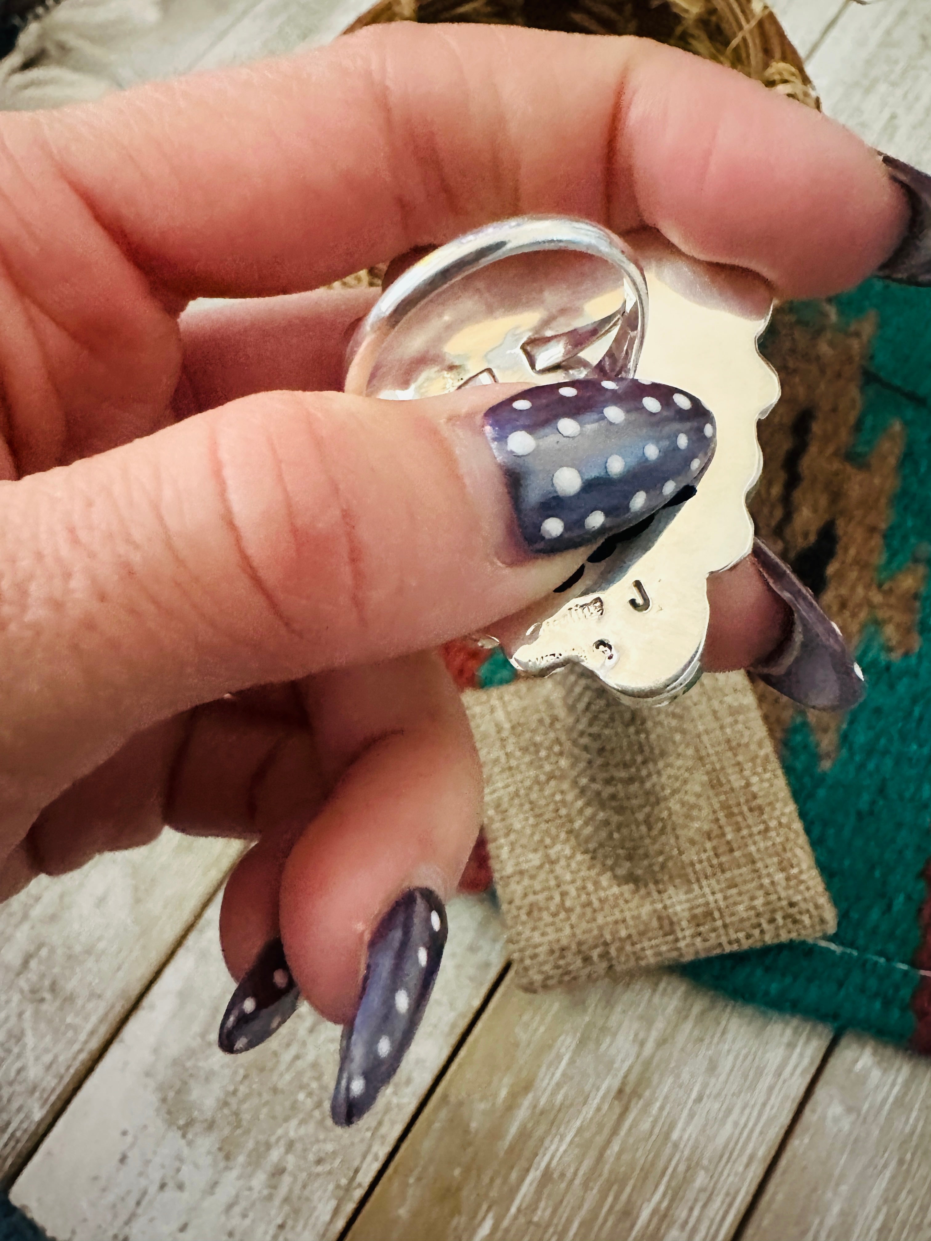 Handcrafted Turquoise, Spiny & Sterling Silver Cluster Ring size 9.5