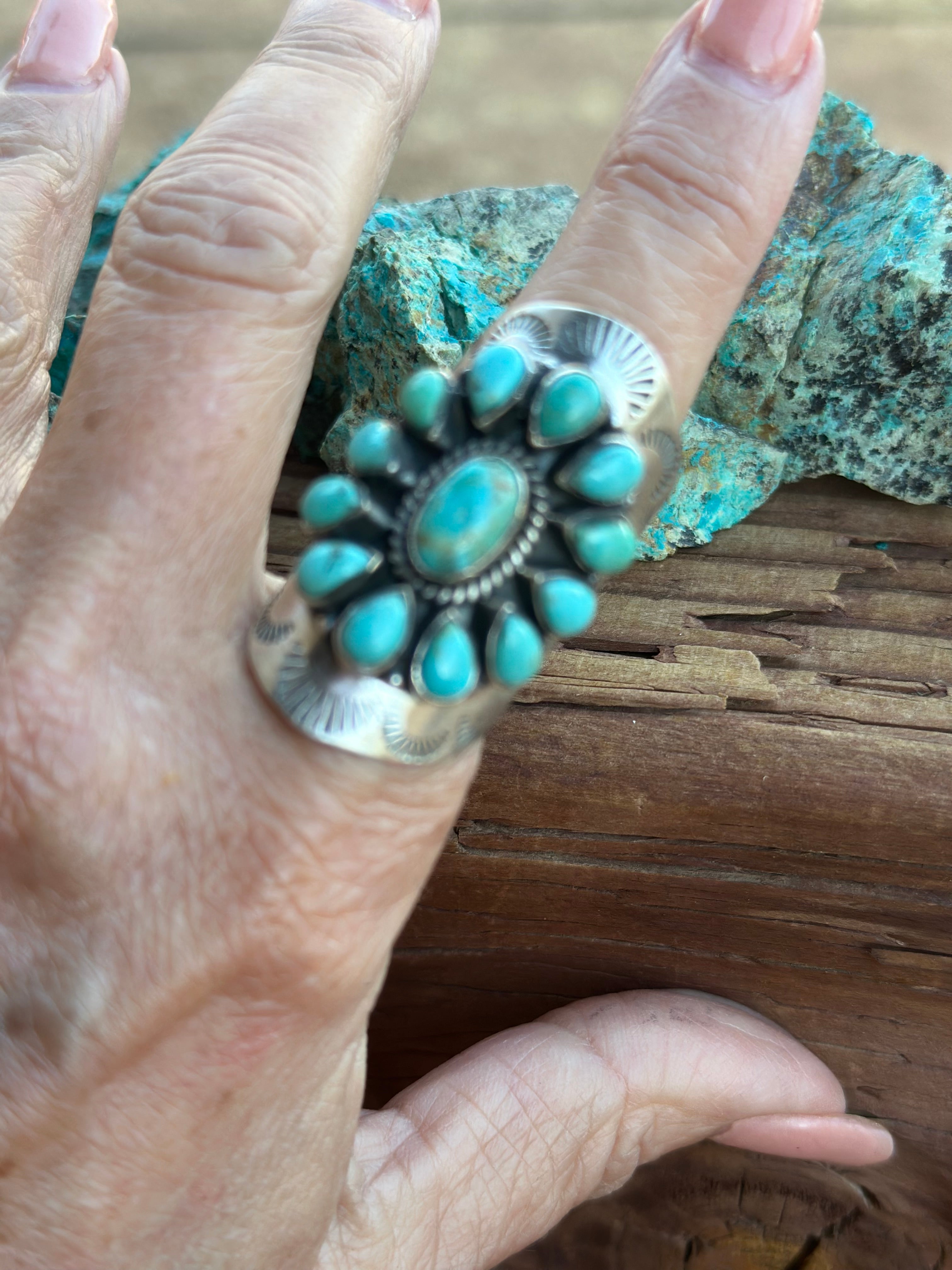 Handmade Emerald Valley Turquoise Cluster & Sterling Silver Cigar Band adjustable Ring