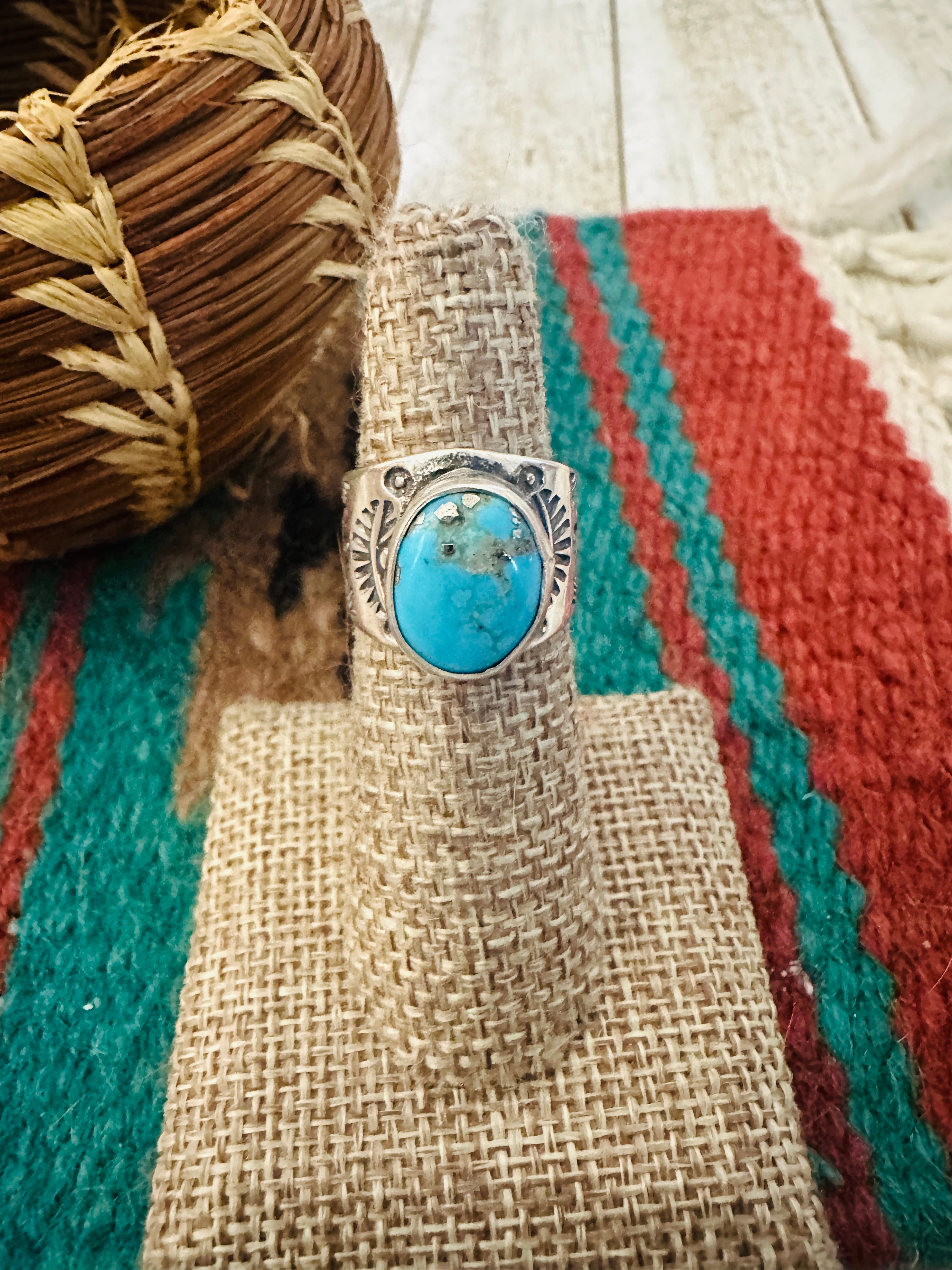 Handcrafted Turquoise & Sterling Silver Cigar Band Ring Size 6