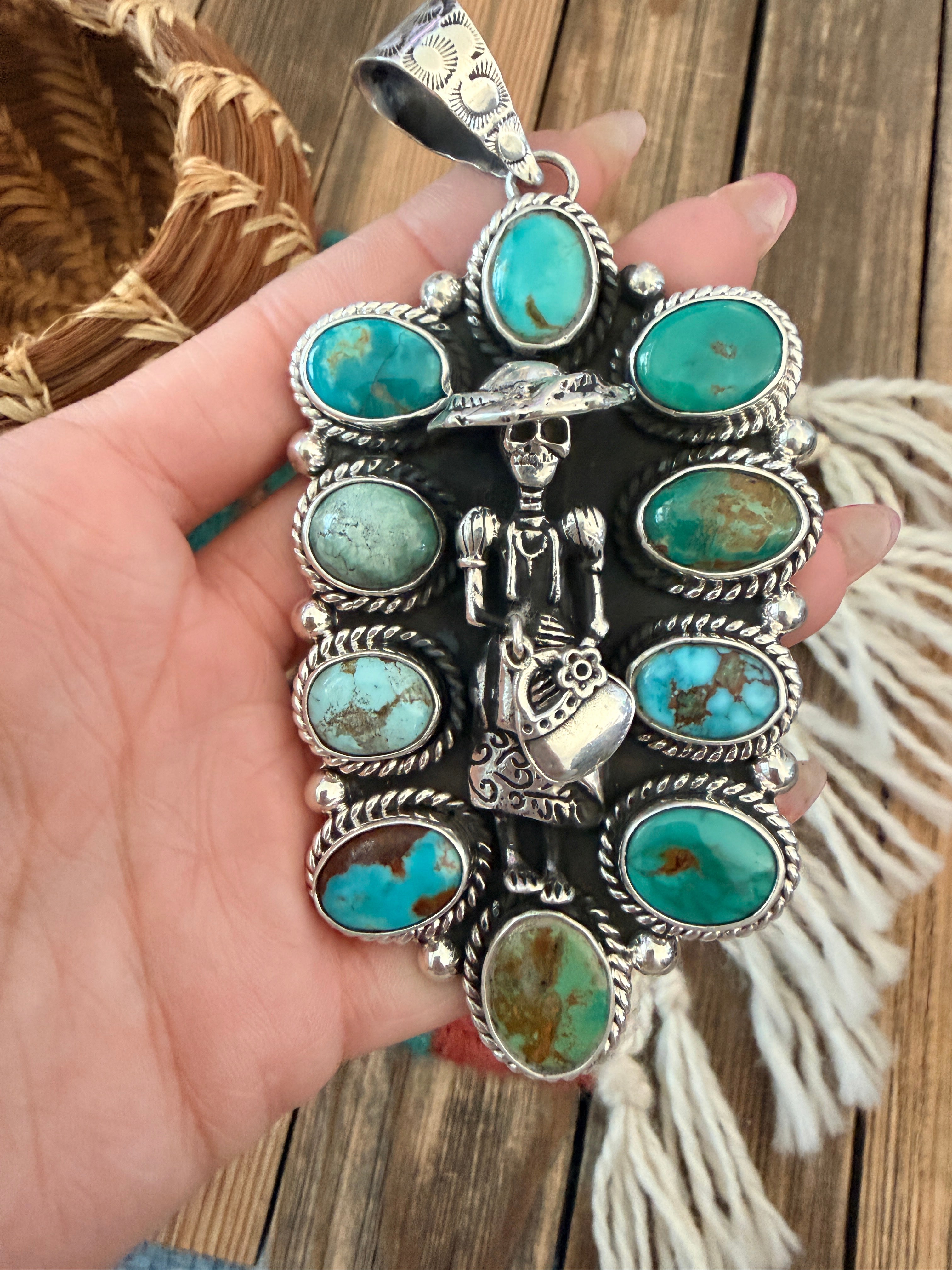 Handmade Sterling Silver & Turquoise Katrina Day of the Dead Pendant by Jesus Vega