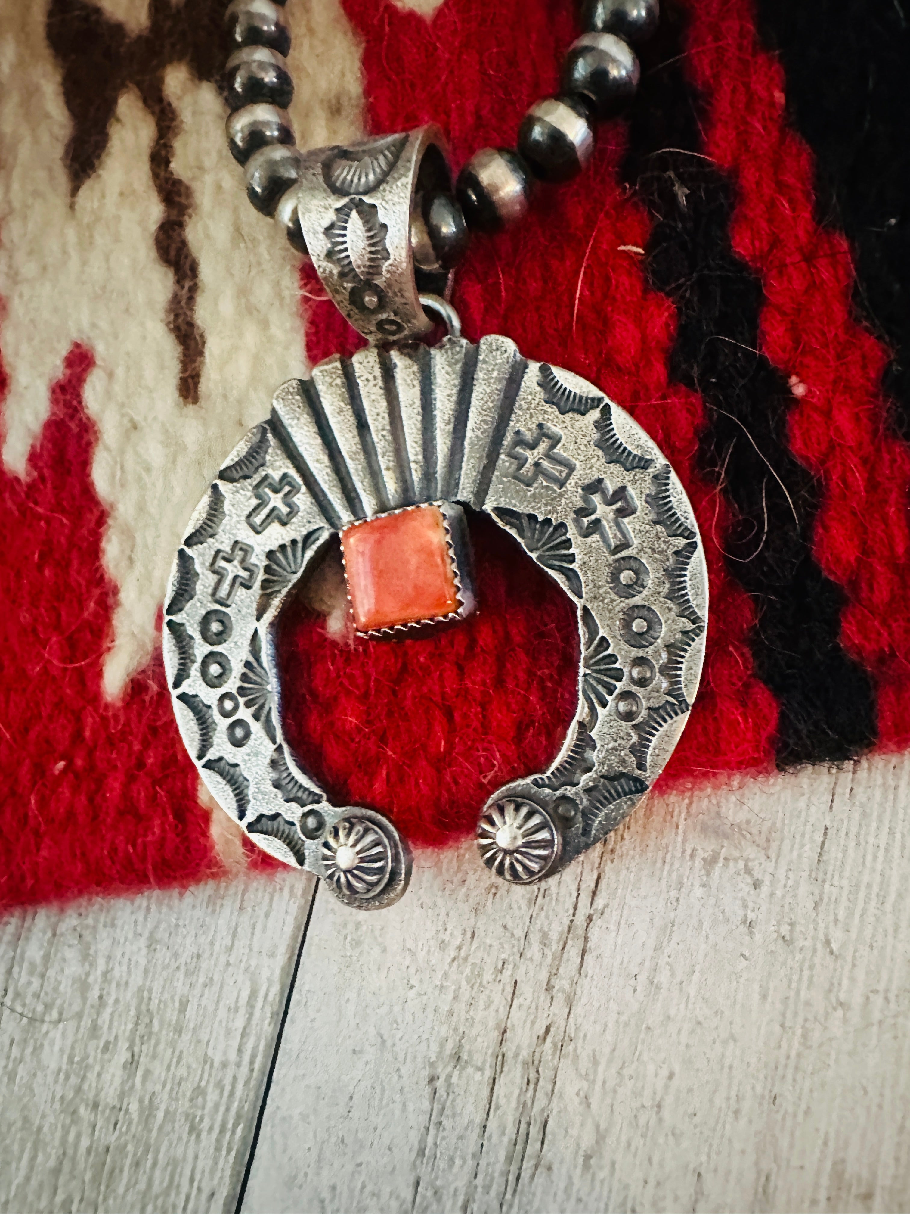 Navajo Sterling Silver & Orange Spiny Naja Pendant by Kevin Billah