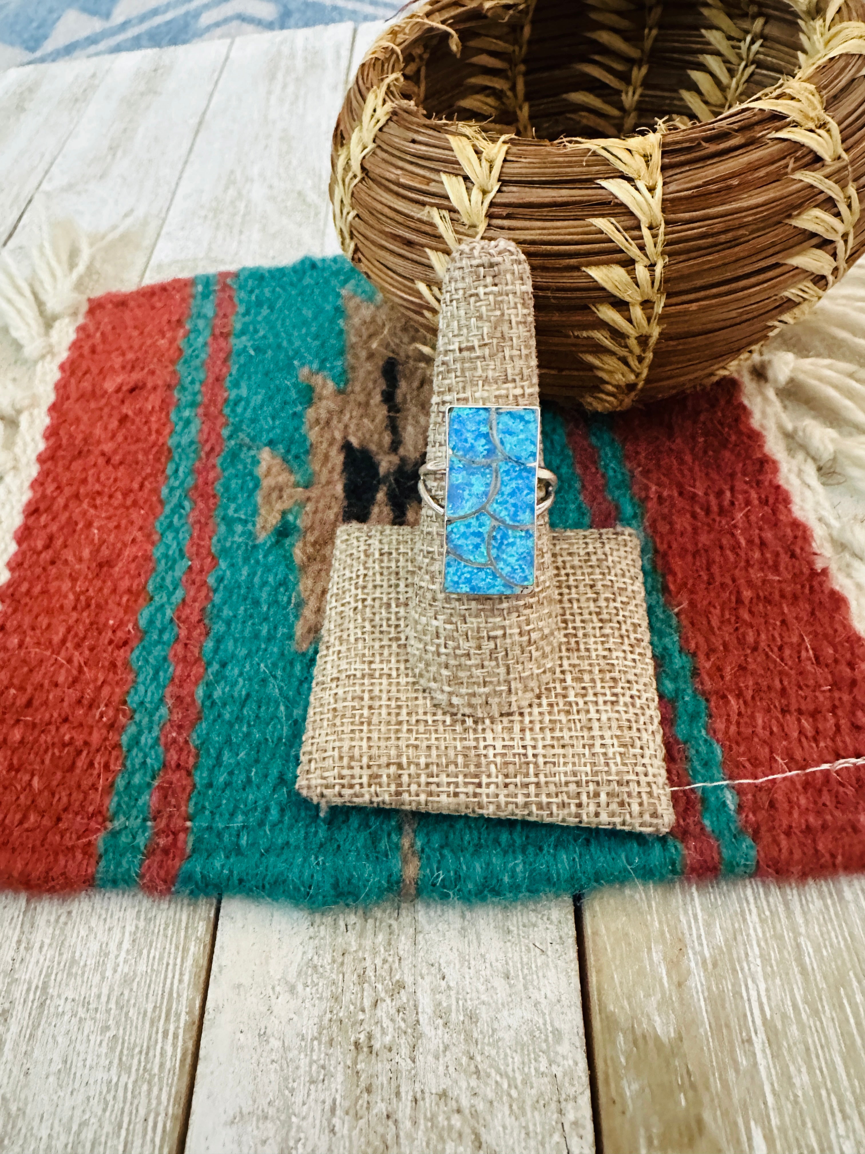 Handcrafted Sterling Silver & Blue Opal Inlay Ring Size 8