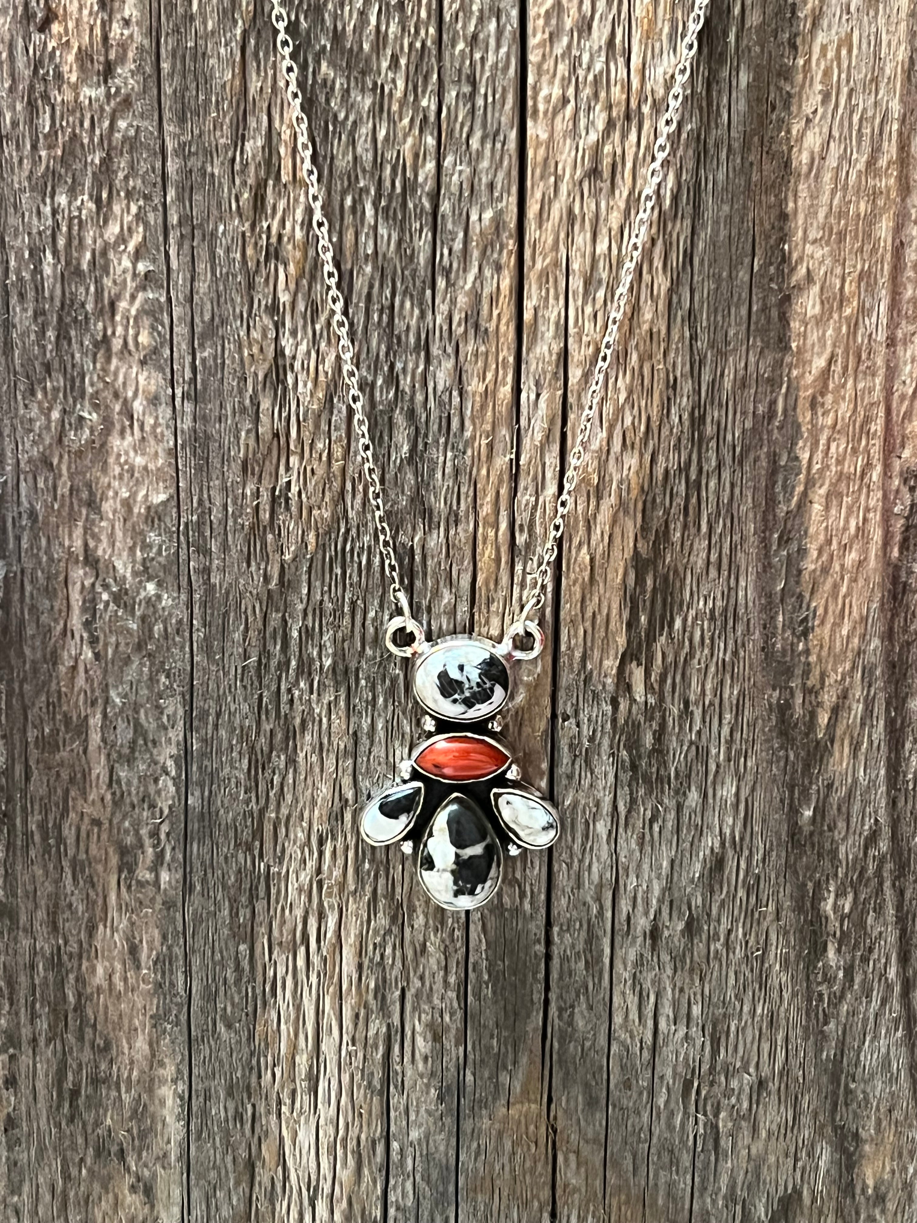 Handmade Sterling Silver, White Buffalo & Coral Necklace