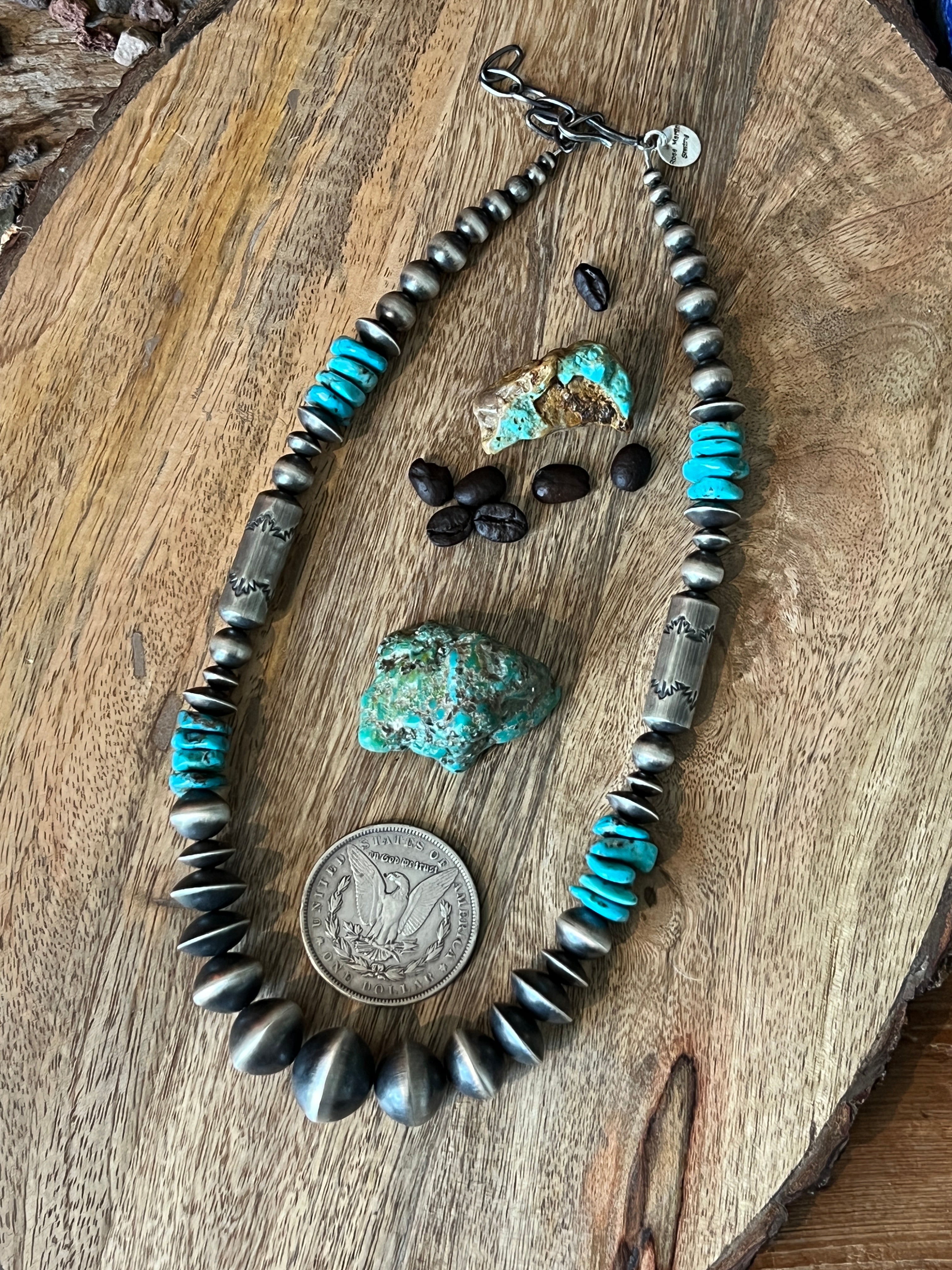Handcrafted Sterling Silver and Kingman Turquoise Beaded Necklace by Rose Martin, 20 + 1-1/2 inches