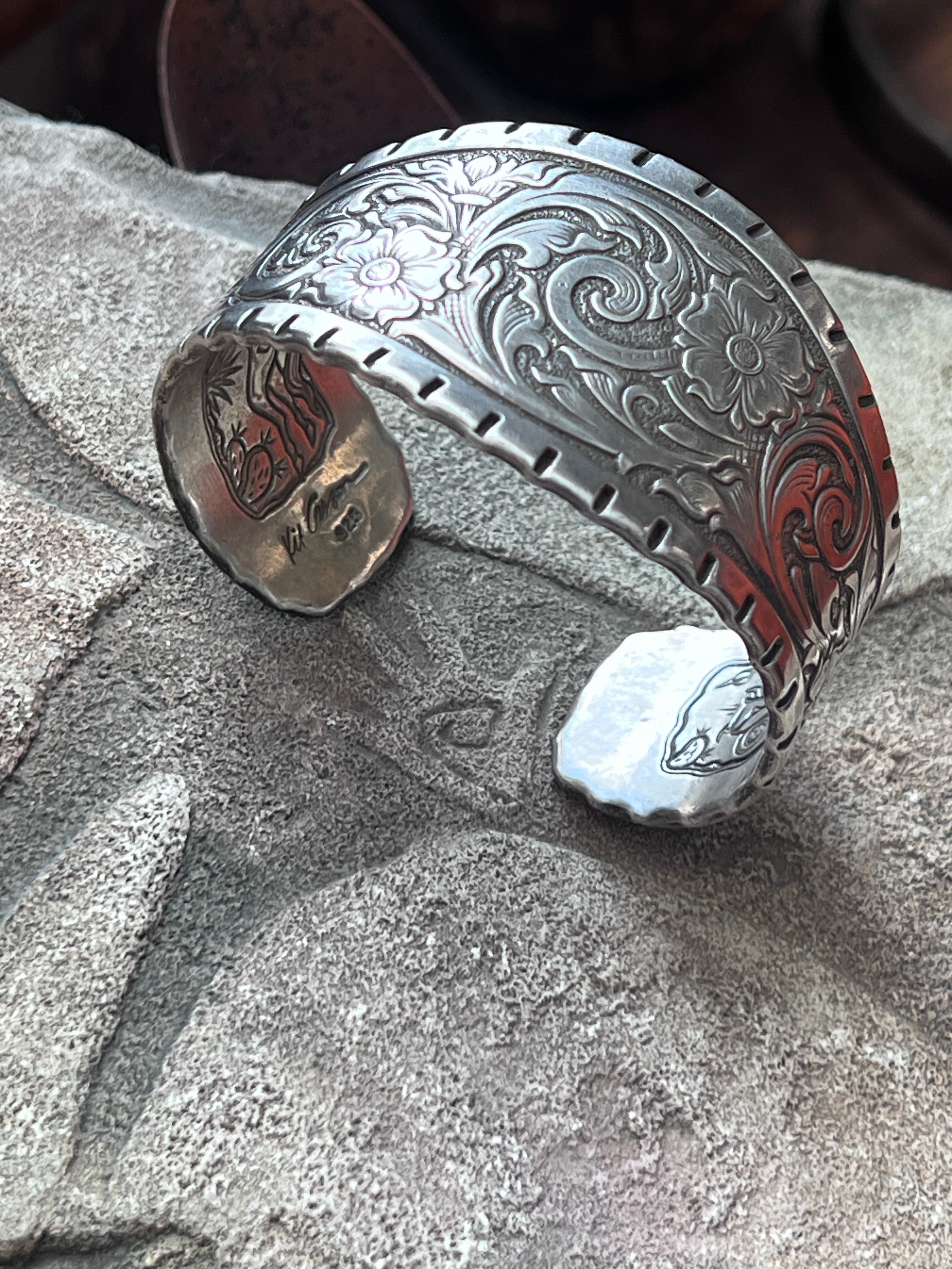 Old Pawn Tooled “Don’t Fence Me In” Sterling Silver Cuff Bracelet by Kit Carson