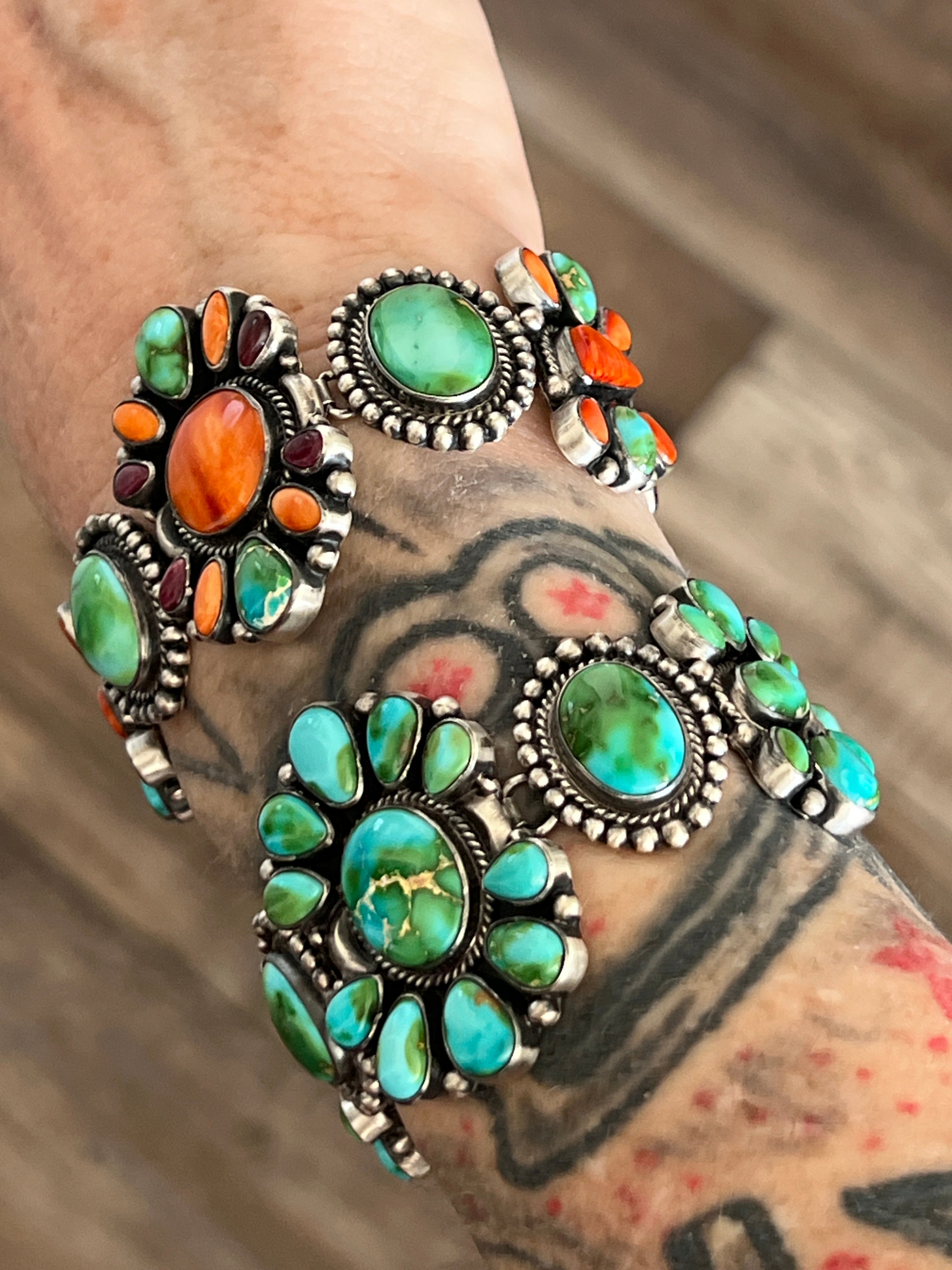 Stunning Sterling Silver, Sonoran Mountain Turquoise and Spiny Oyster Shell Cluster Link Bracelets by Diane Wylie