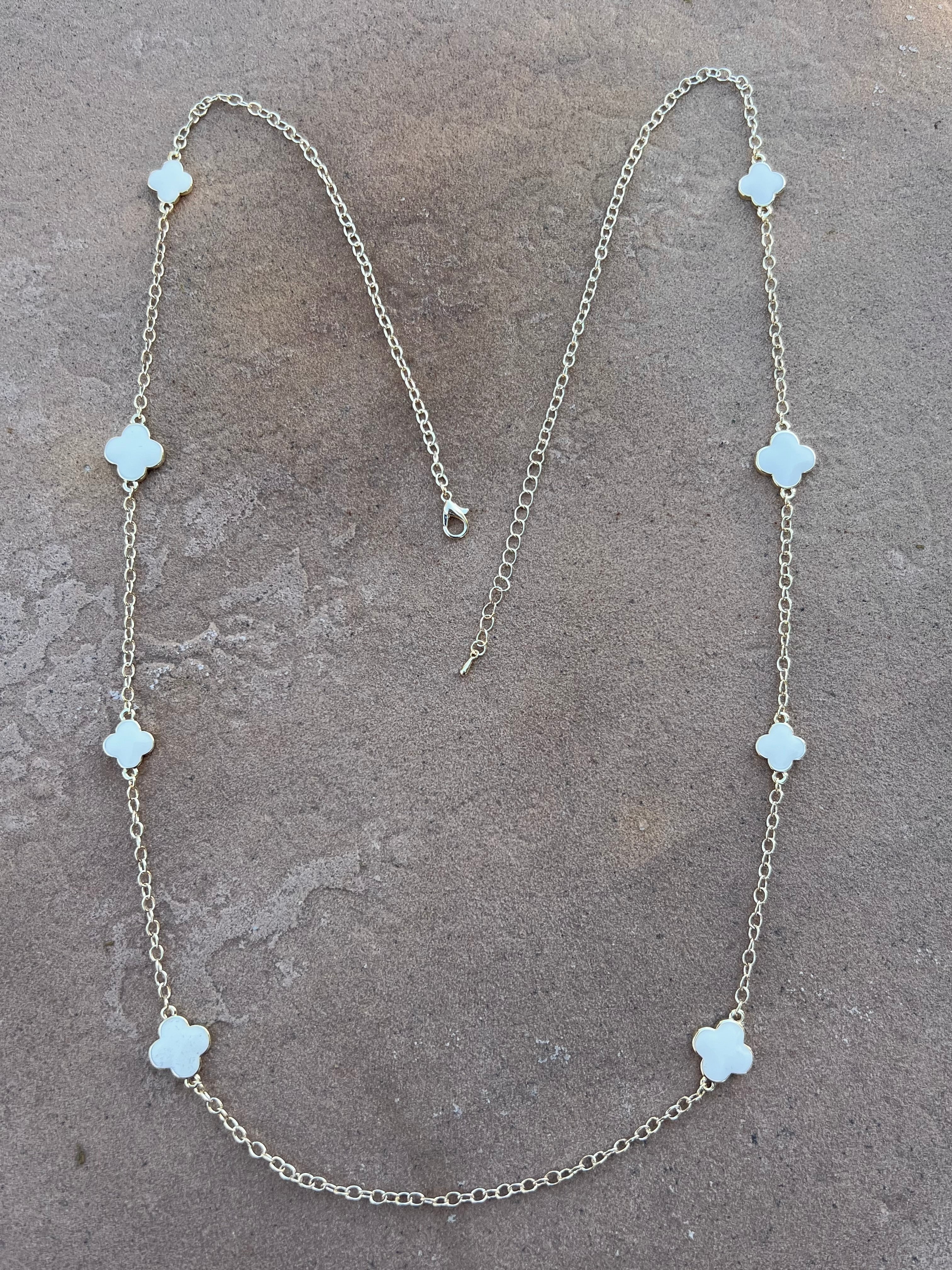 14k Gold Plated White Clover Cross Necklace