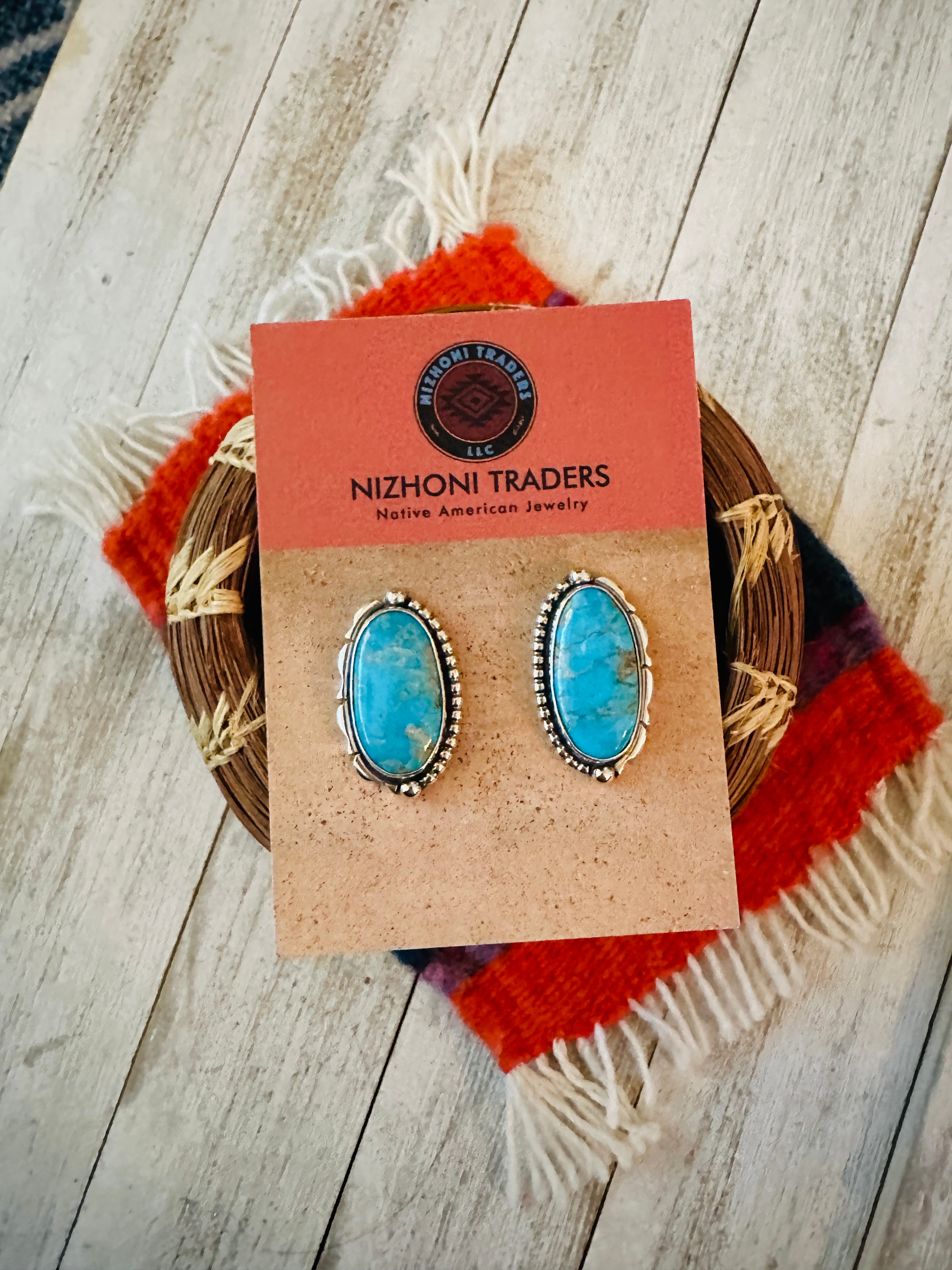 Navajo Kingman Turquoise & Sterling Silver Post Earrings Signed