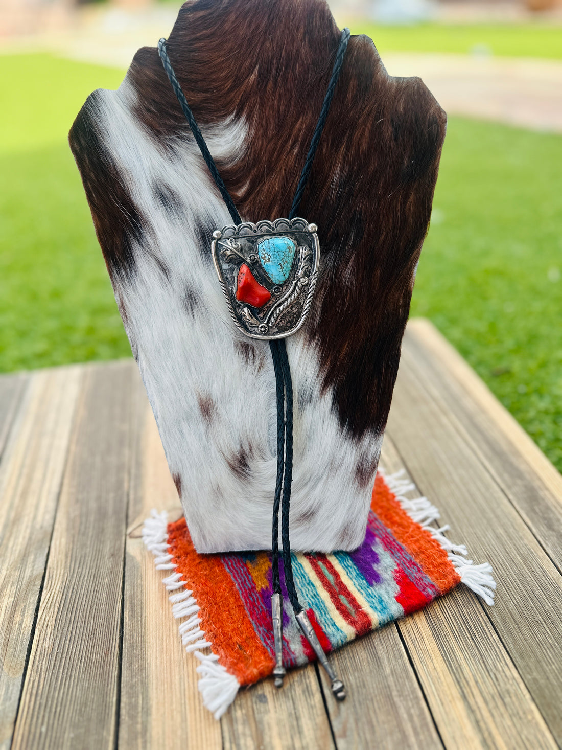 Handcrafted Vintage Old Pawn Sterling Silver, Turquoise & Coral Bolo Tie