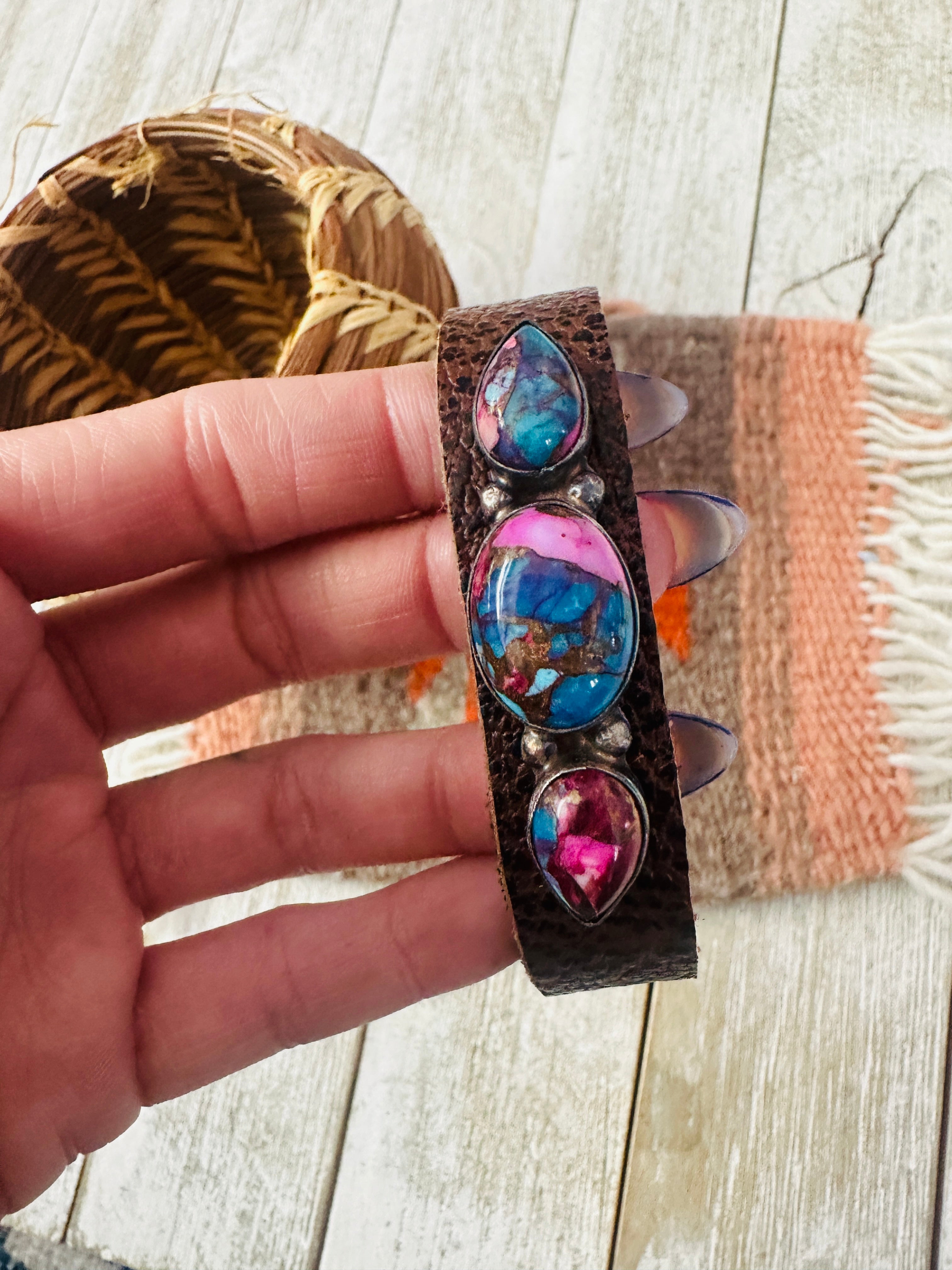 Handcrafted Pink Dream Mojave & Sterling Silver Leather Bracelet
