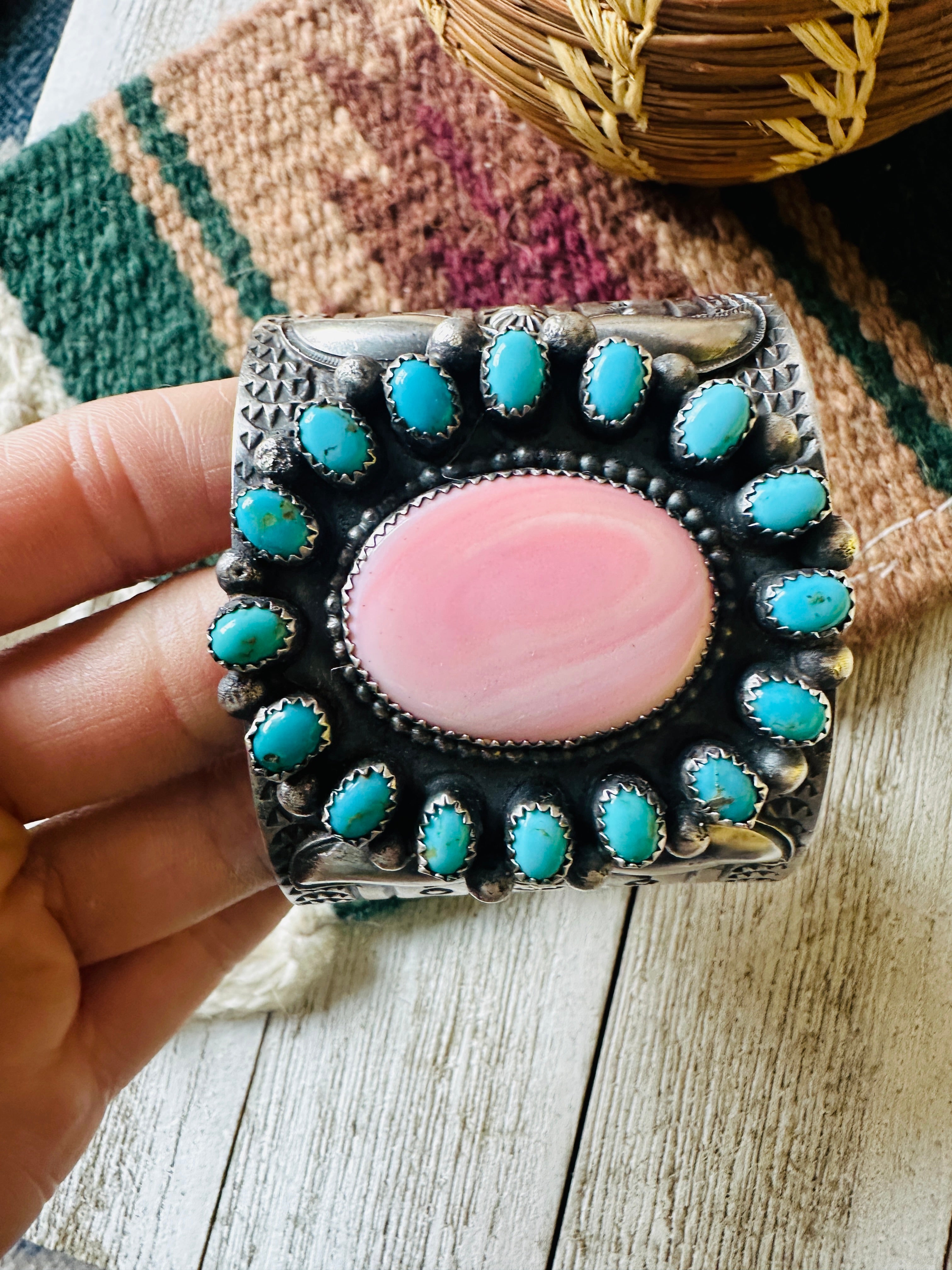 Navajo Sterling Silver, Turquoise & Queen Pink Conch Cuff Bracelet