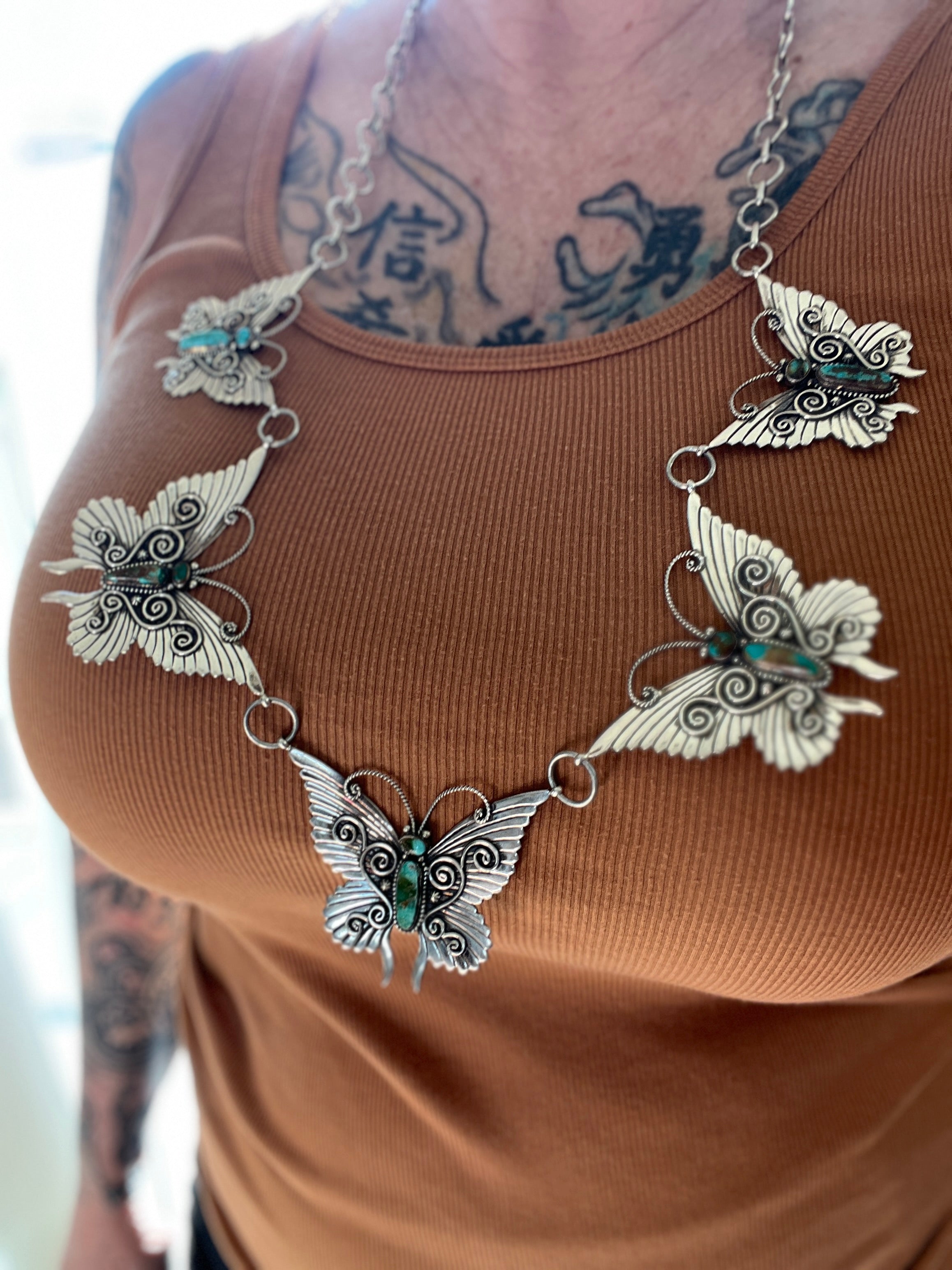 Lee Charley Handcrafted Sterling Silver and Turquoise Butterfly Lover’s Link Necklace, Belt or Hat Adornment