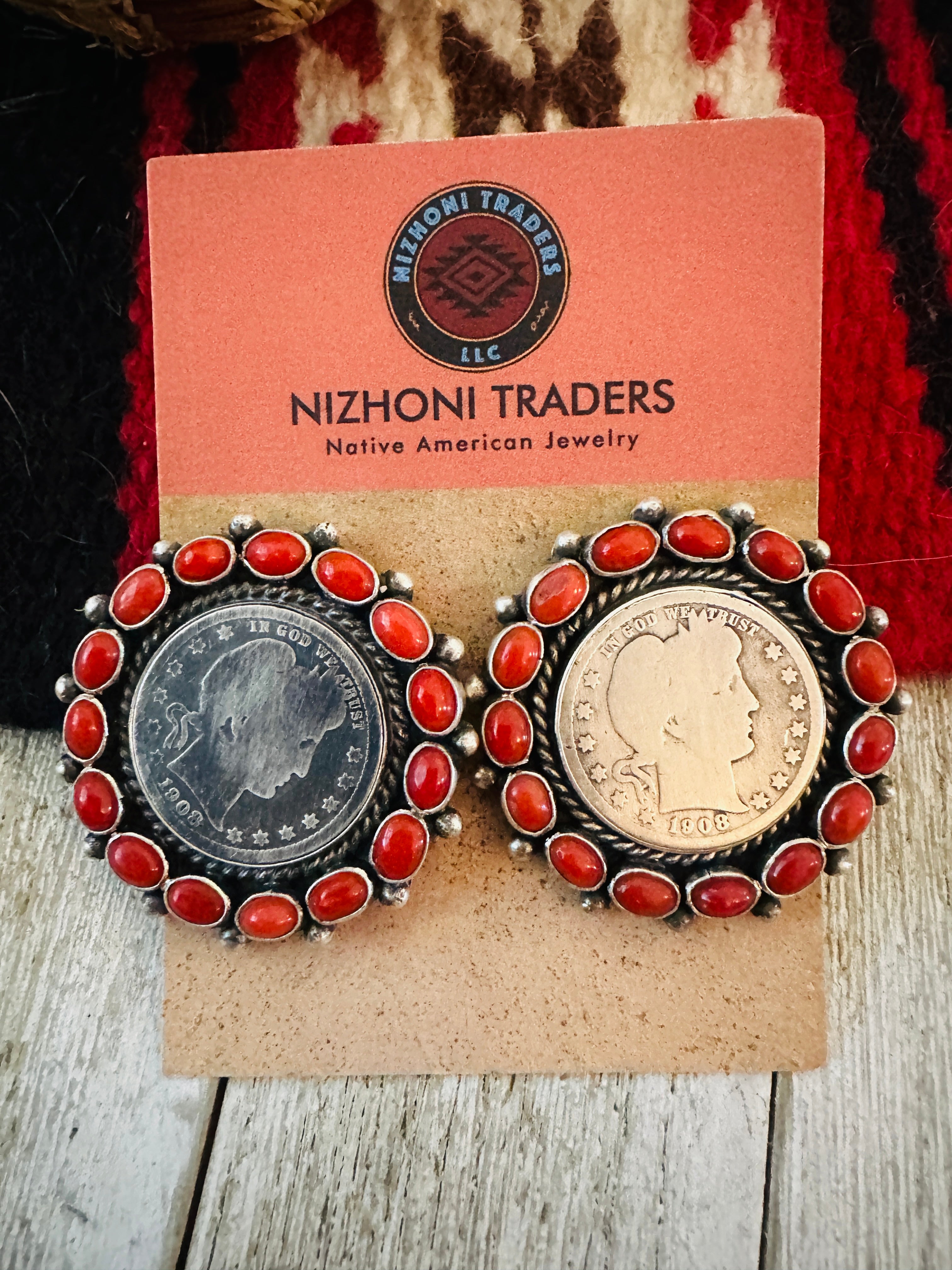 Handcrafted Sterling Silver and Coral Liberty Coin Earrings by Darrin Livingston