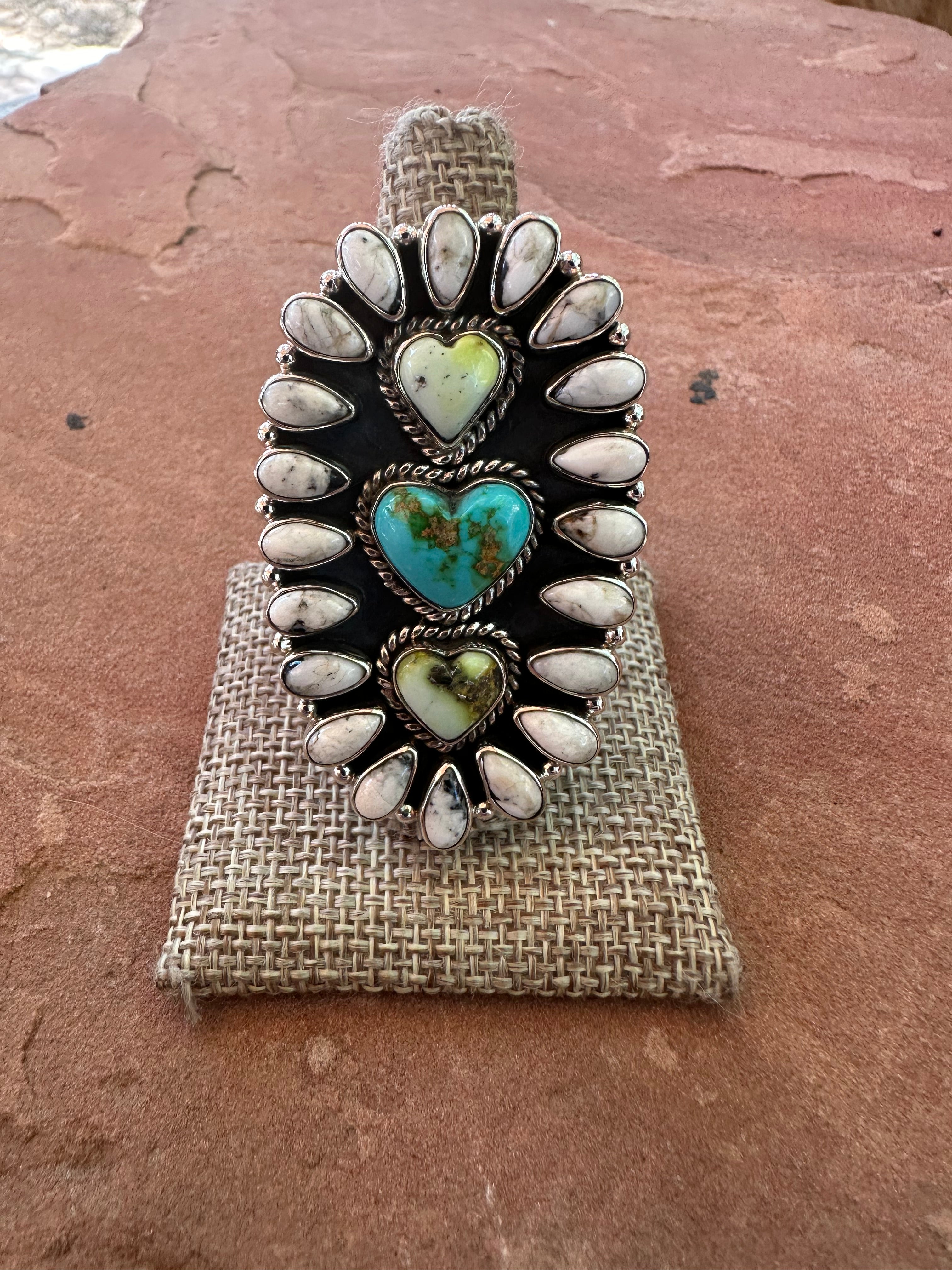 Beautiful Handmade White Buffalo, Palomino Turquoise, Turquoise And Sterling Silver Adjustable Heart Ring