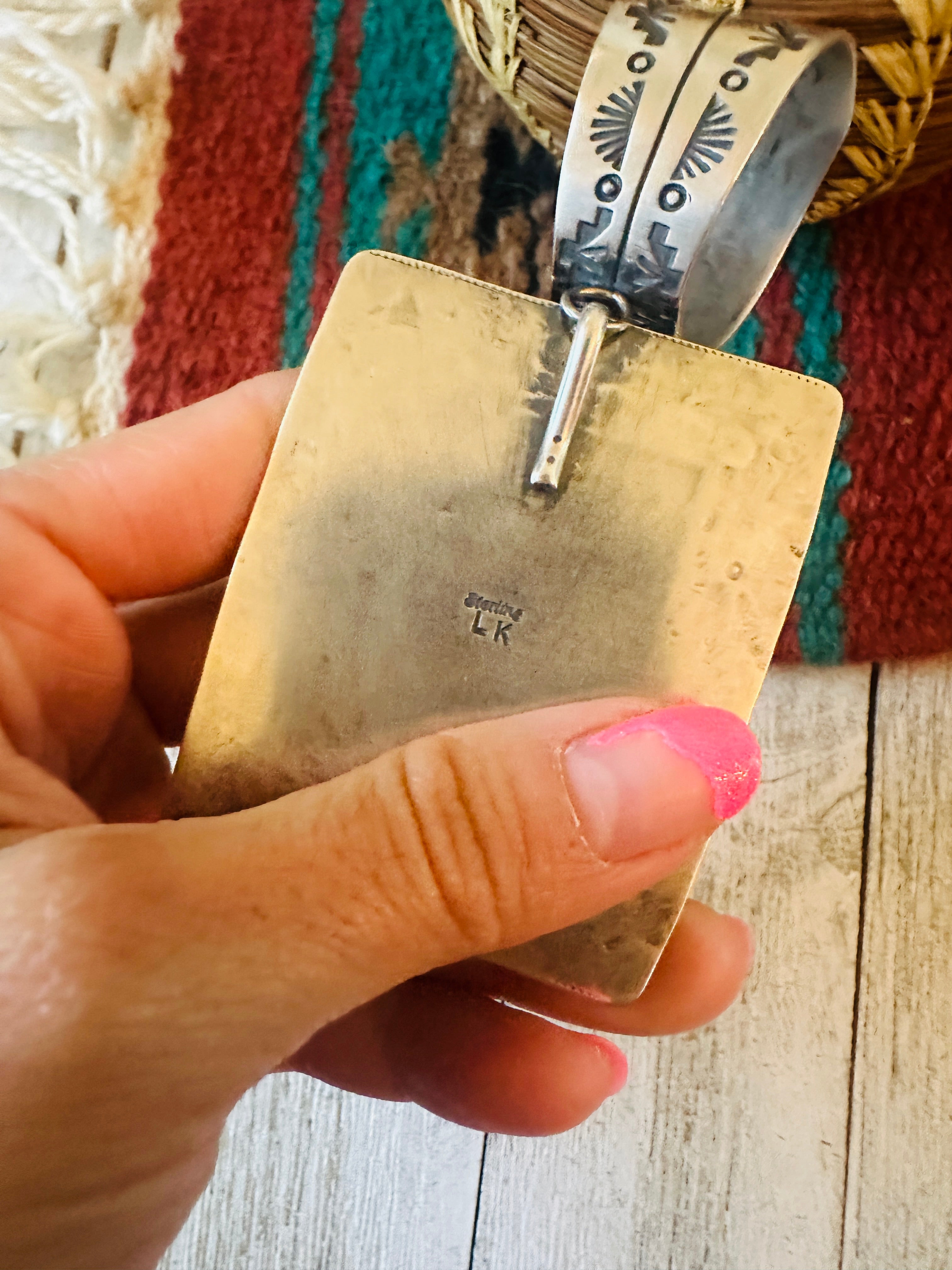 Navajo Hand Stamped Sterling Silver & Turquoise Concho Pendant