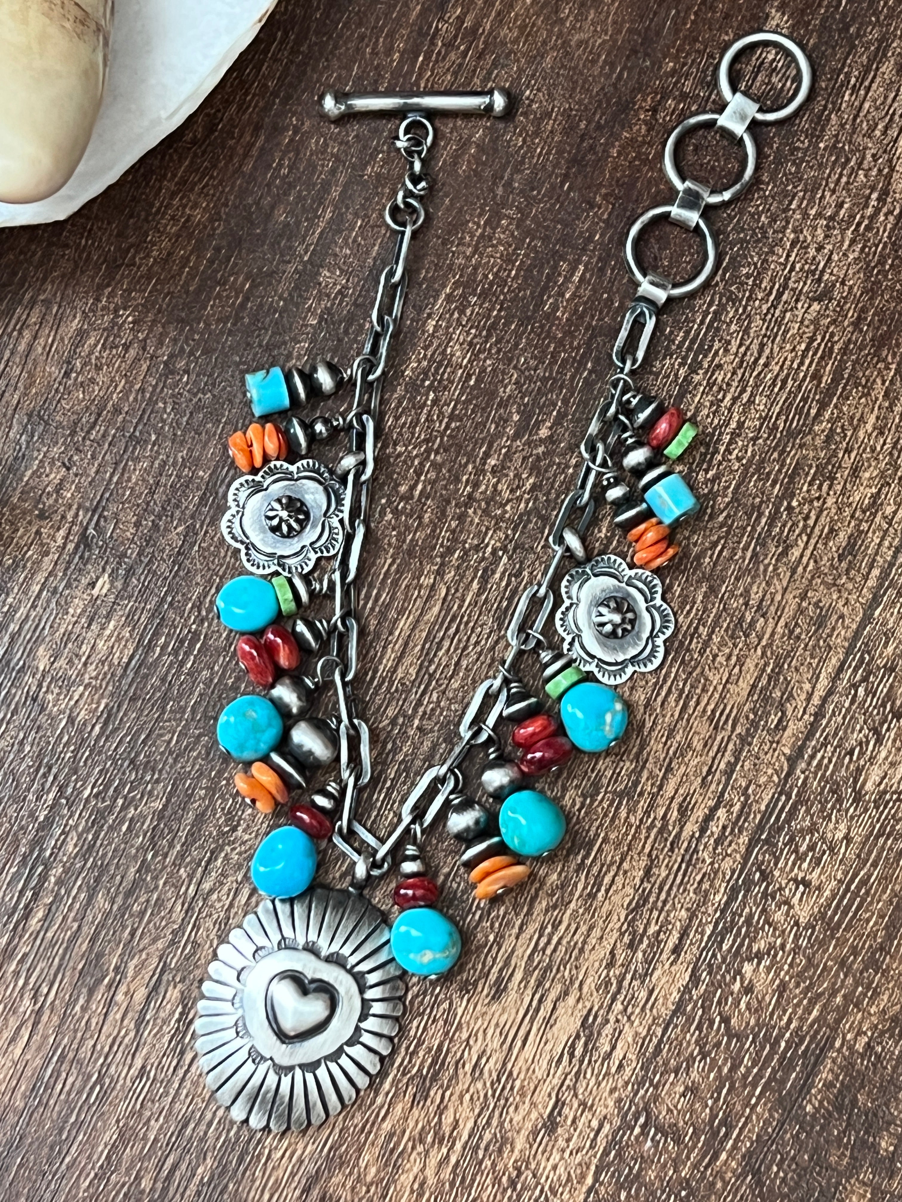 Raymond Coriz Handcrafted Sterling Silver Concho & Multistone Beaded Charm Bracelets