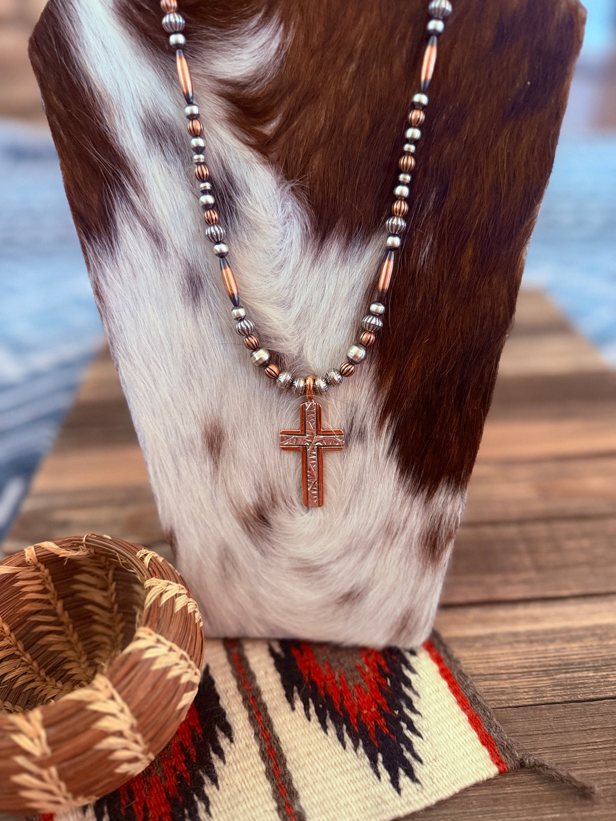 Handcrafted Copper and Sterling Silver Cross Beaded Necklace by Landon Secatero
