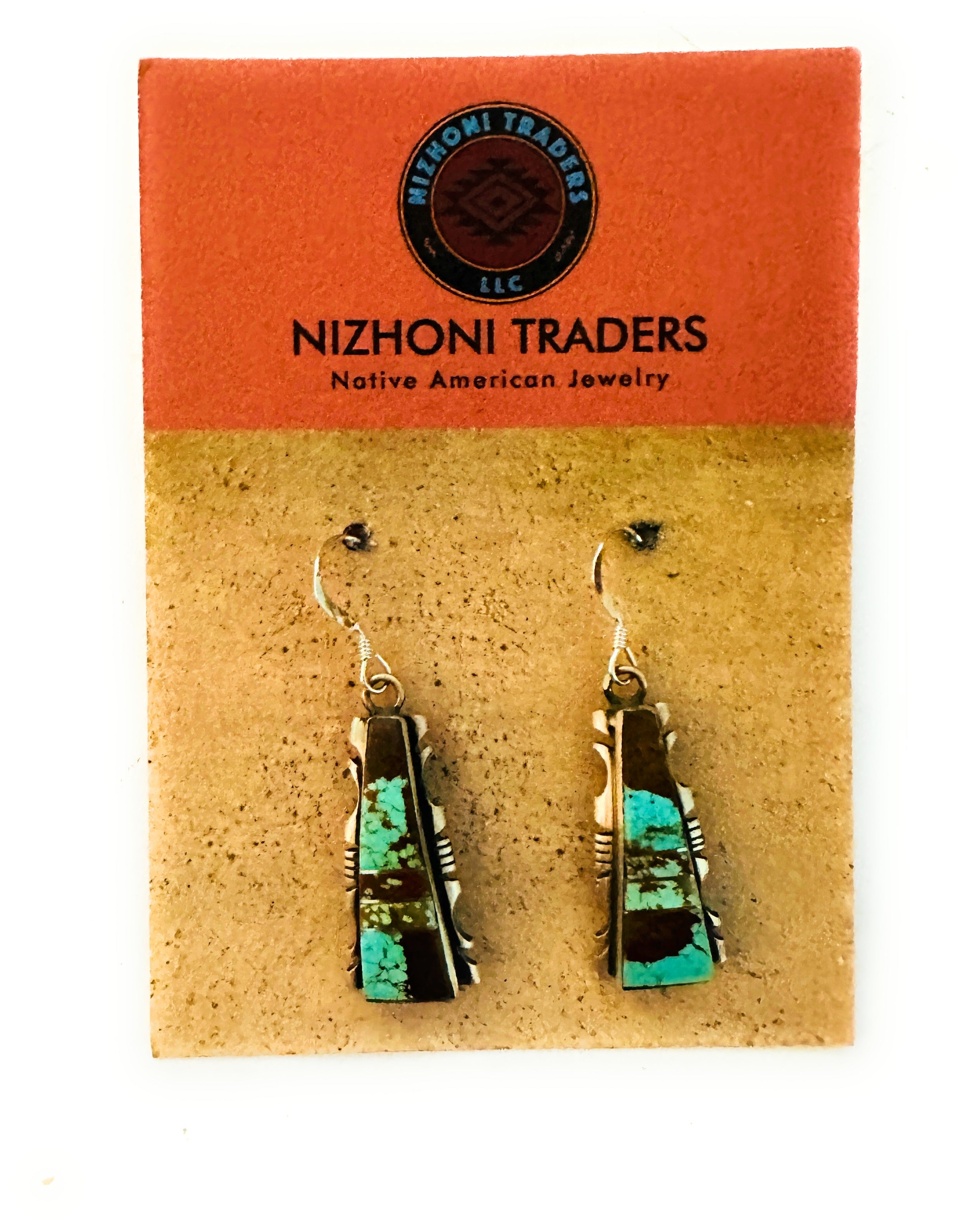 Navajo Number 8 Turquoise And Sterling Silver Inlay Dangle Earrings