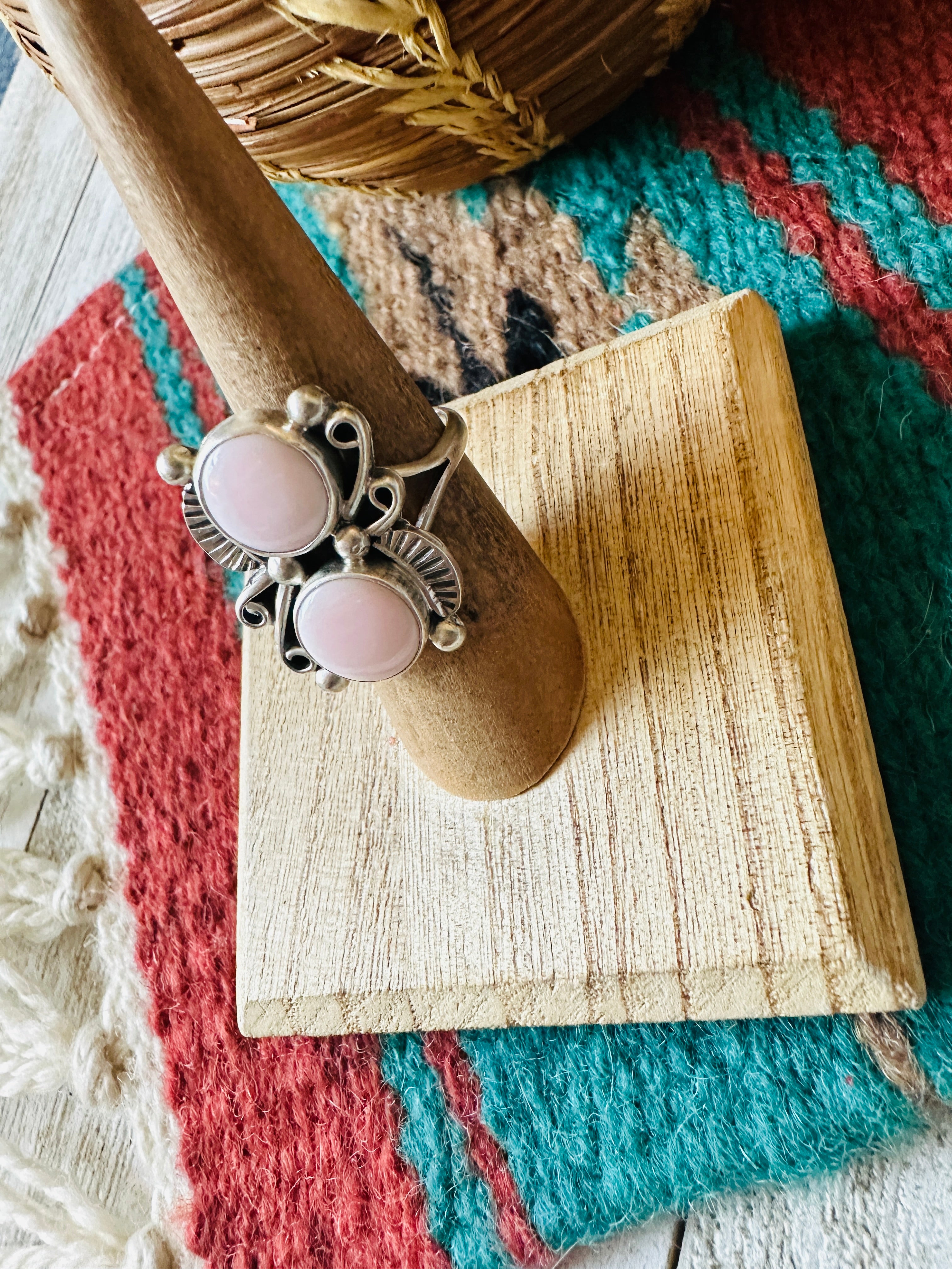 Navajo Sterling Silver & Queen Pink Conch 2 Stone Adjustable Ring