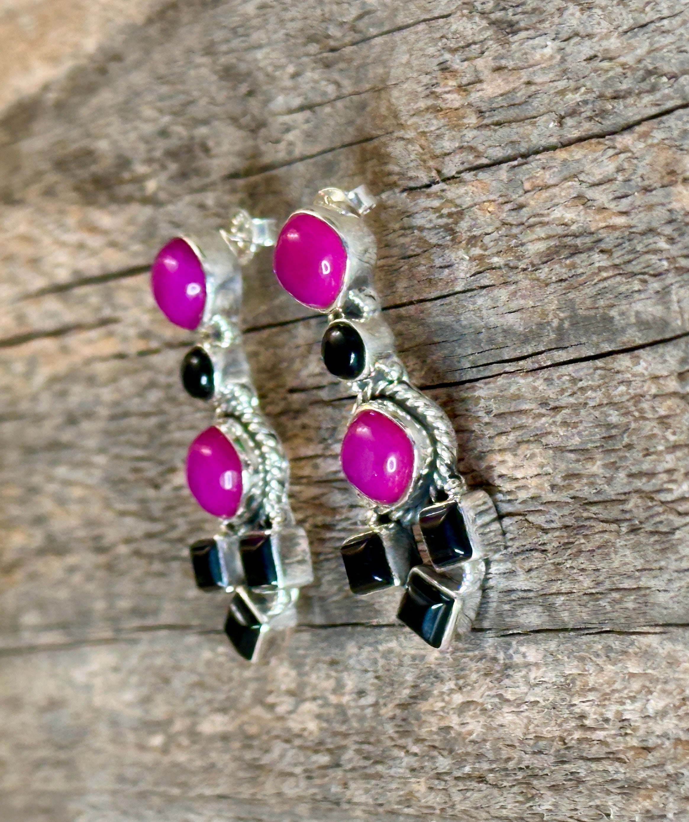 Handmade Pink & Black Onyx Sterling Silver Post Earrings