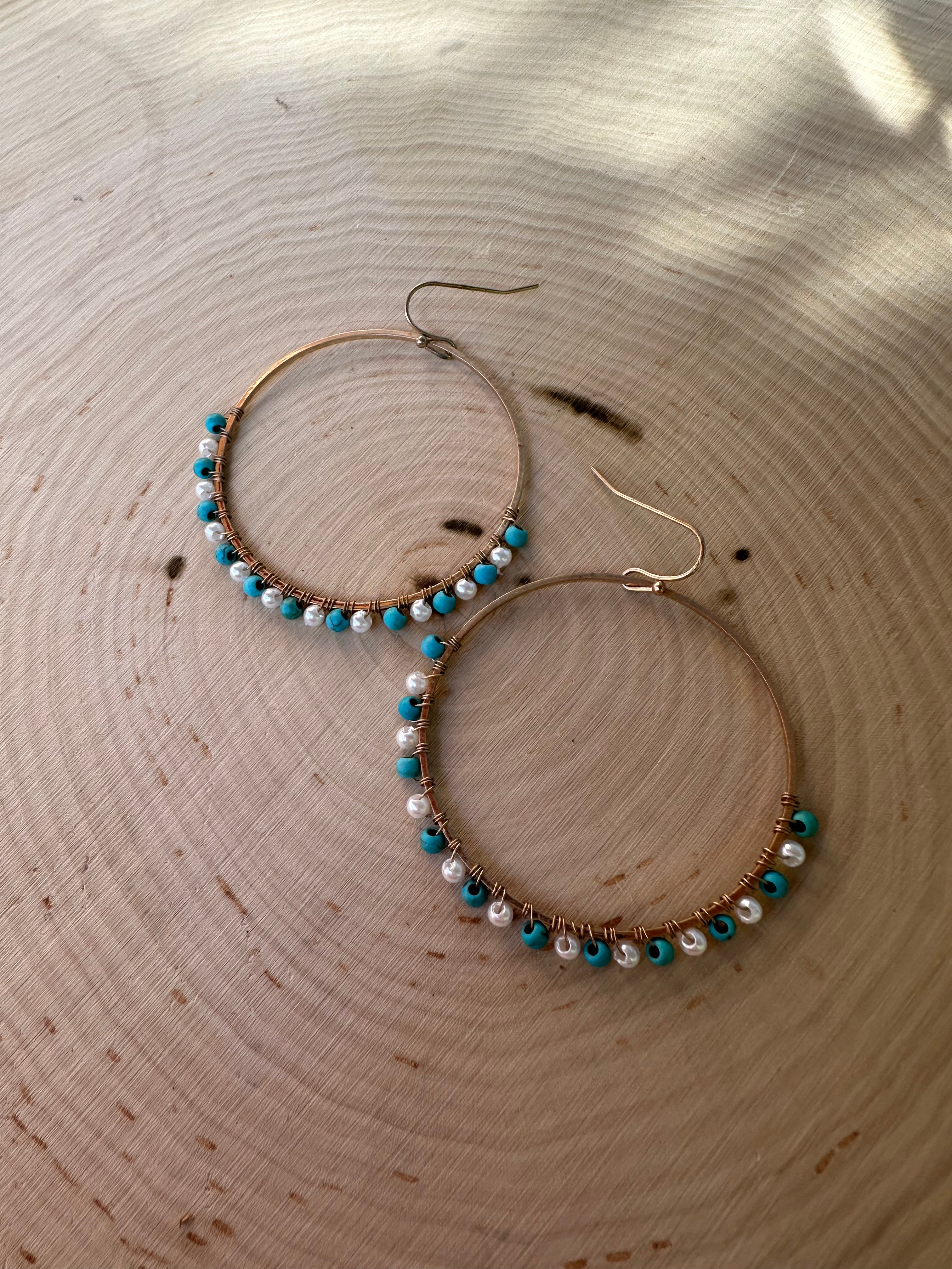 “The Golden Collection” Spring Hoop Handmade Turquoise & Pearl Beaded & 14k Gold Plated Hoop Earrings