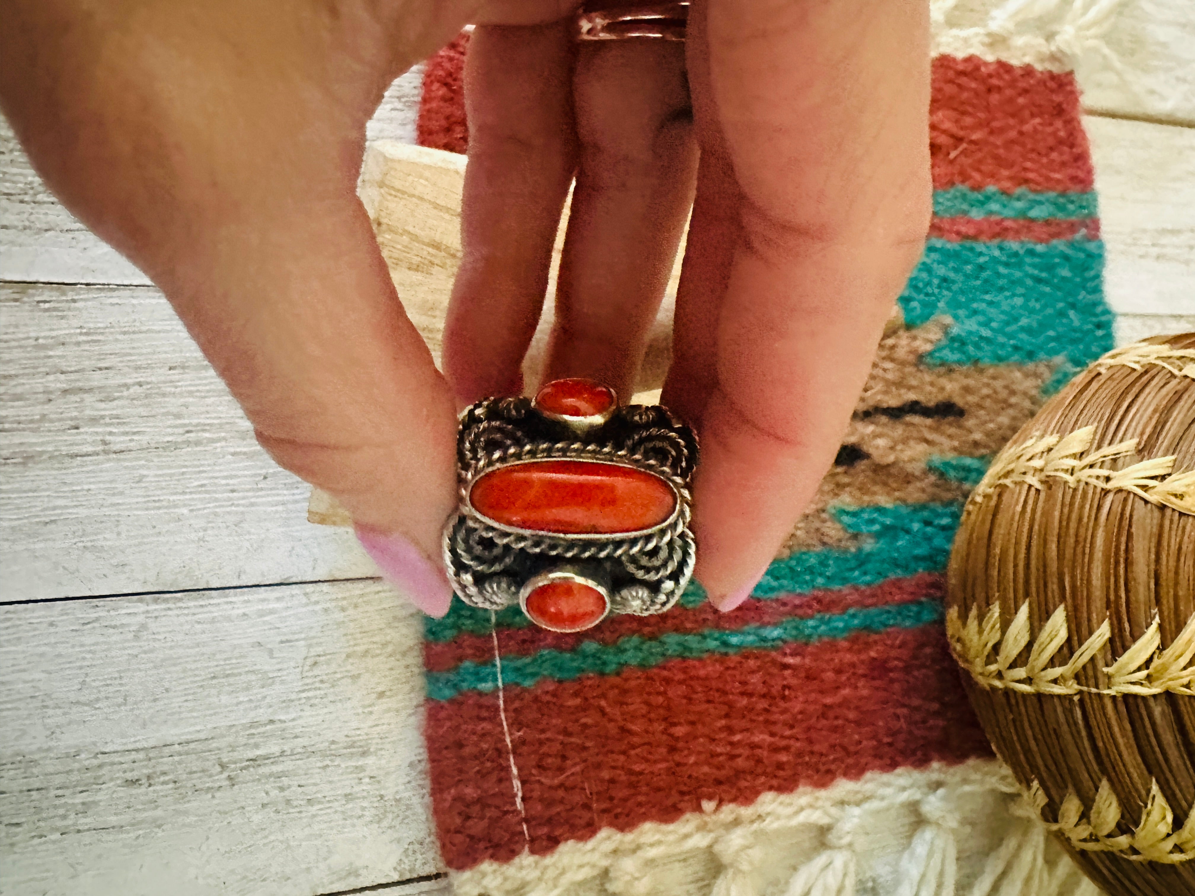 Navajo Sterling Silver and Coral Ring Size 8.25 by Hemerson Brown