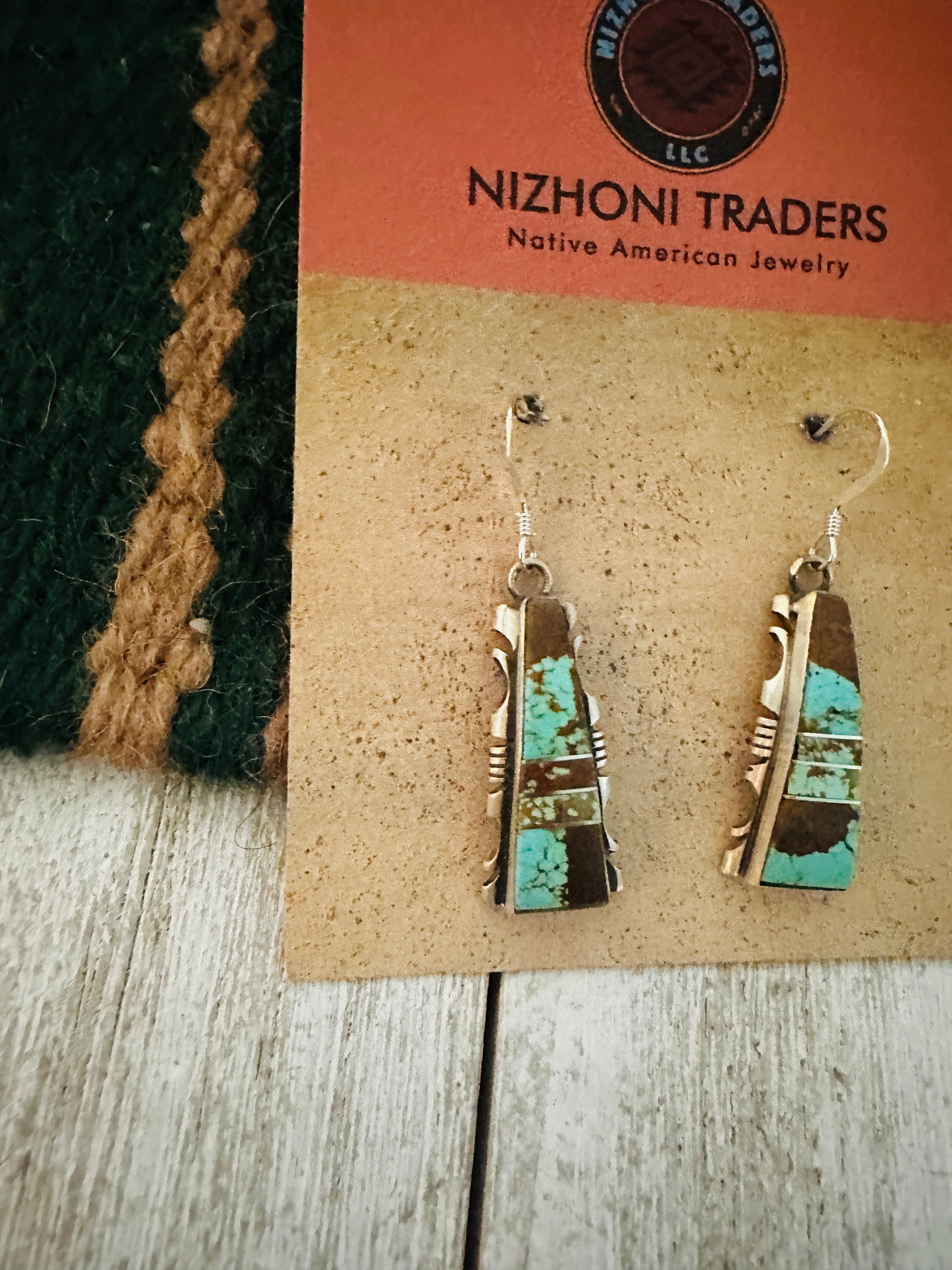 Navajo Number 8 Turquoise And Sterling Silver Inlay Dangle Earrings