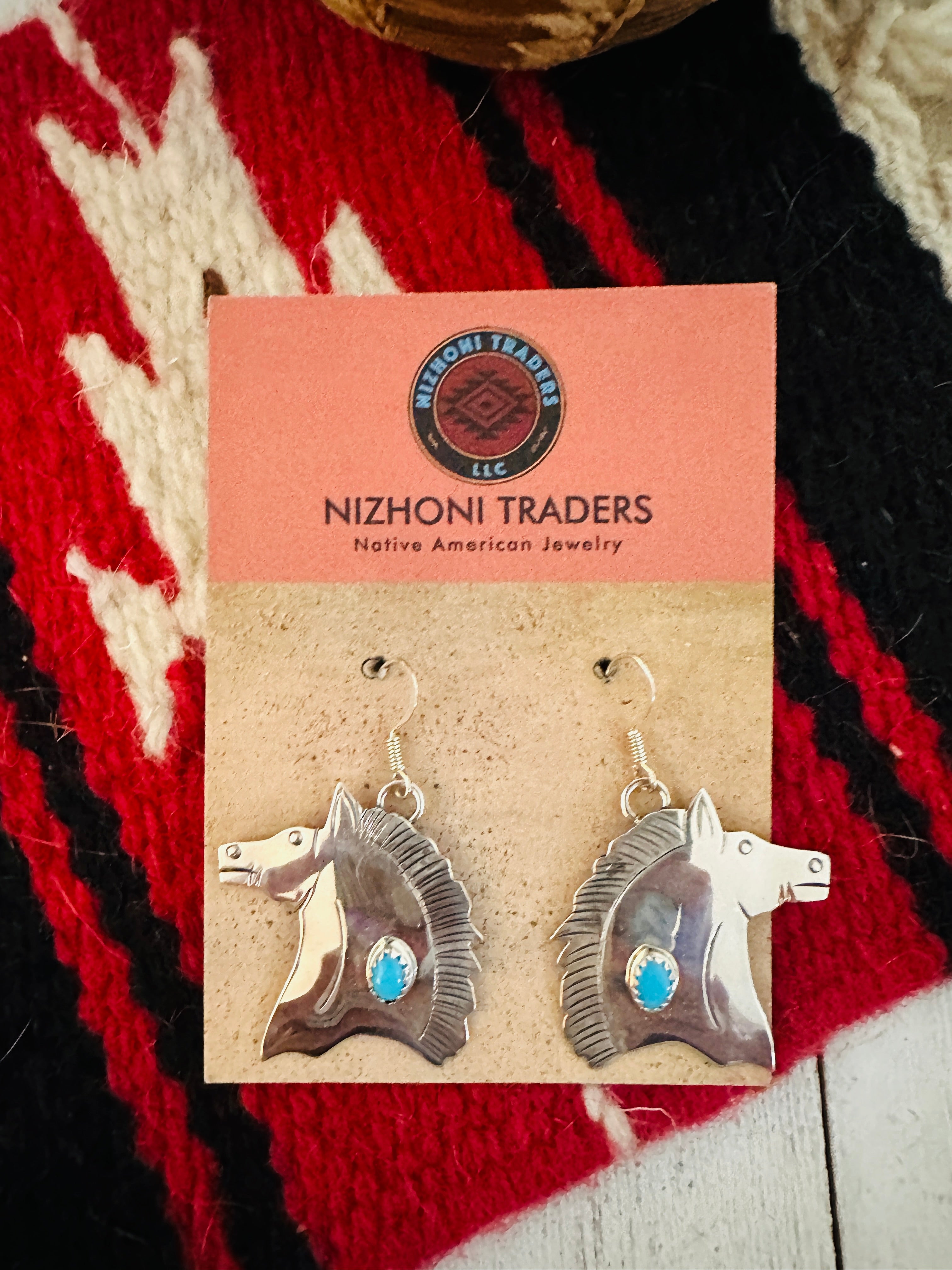 Navajo Turquoise & Sterling Silver Horse Dangle Earrings Signed