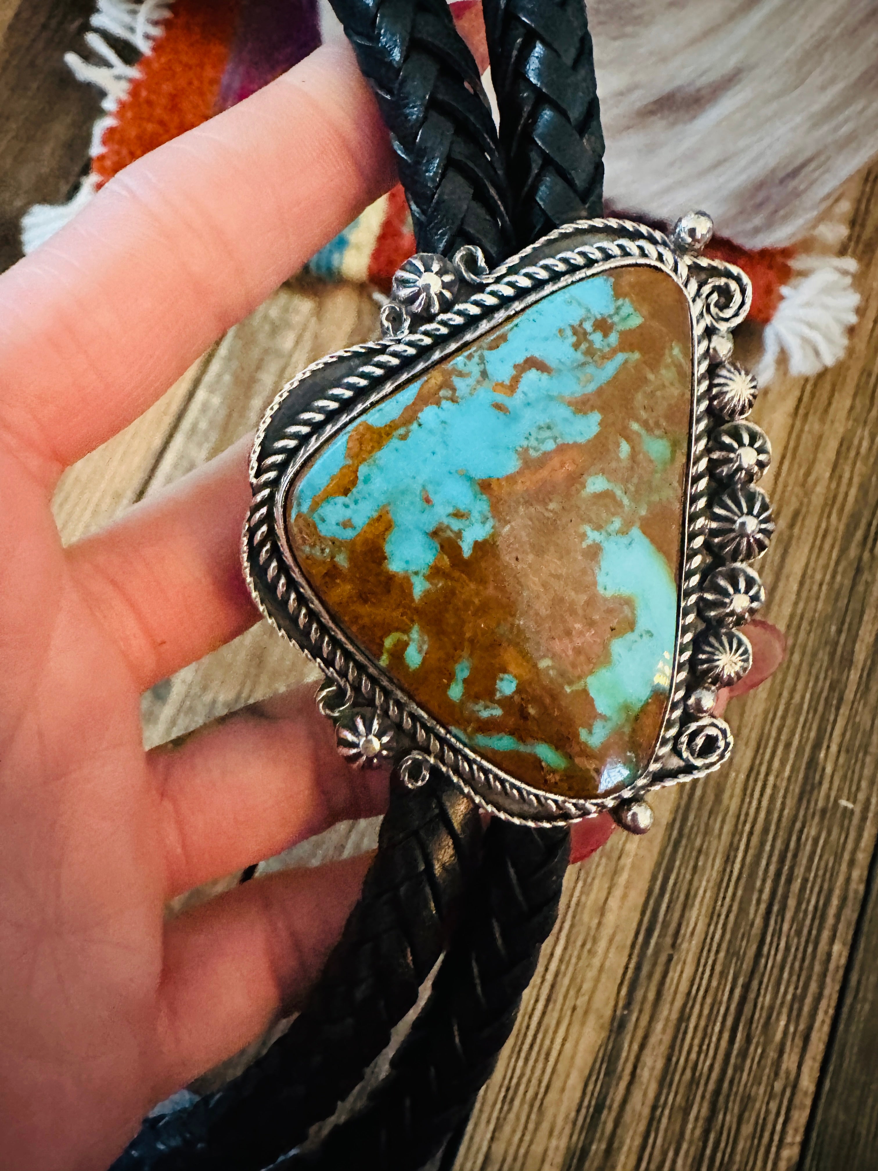 Handcrafted Sterling Silver & Pilot Mountain Turquoise Bolo Tie by Rosella Paxson