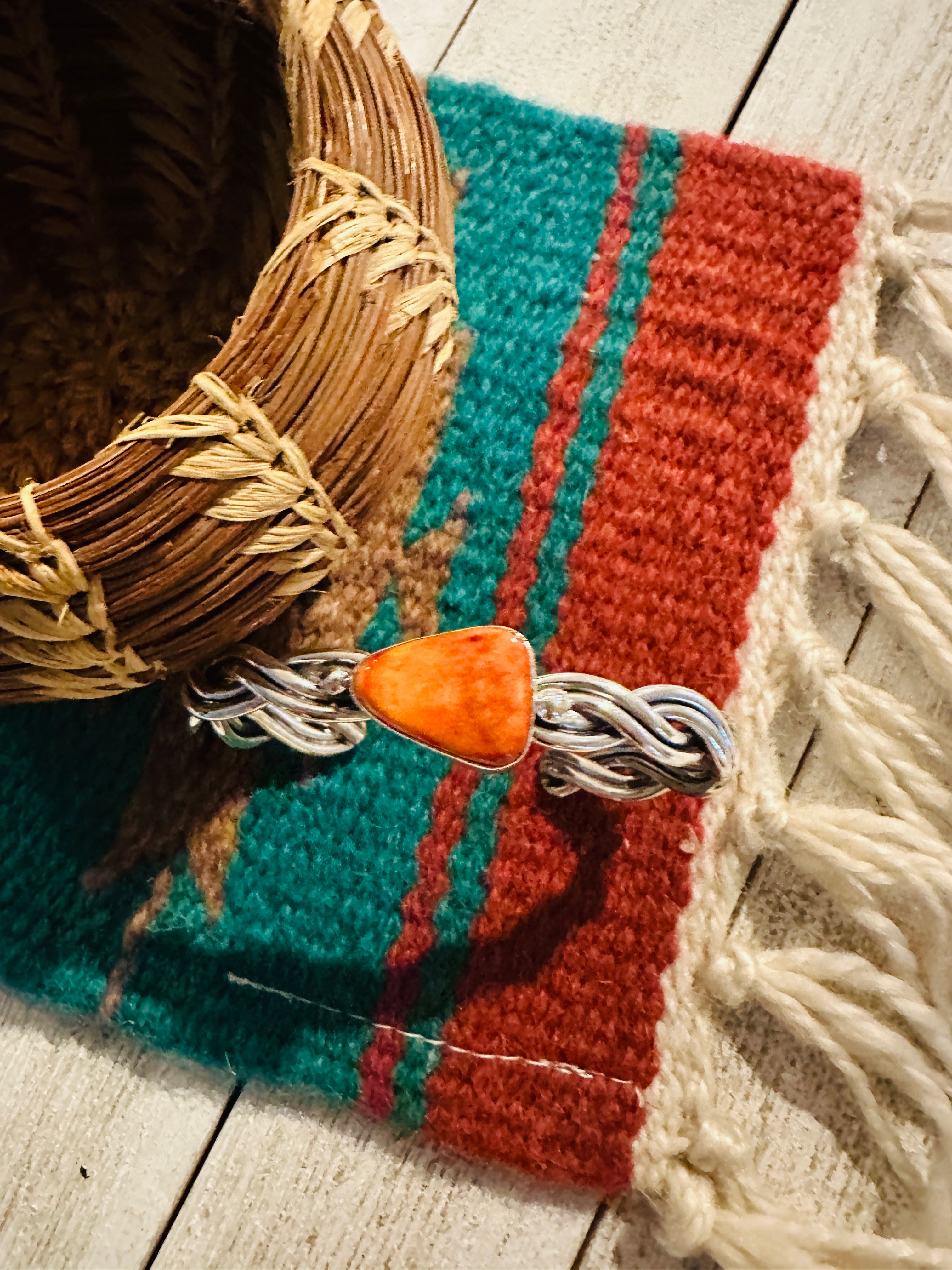 Navajo Orange Spiny & Sterling Silver Twisted Cuff Bracelet