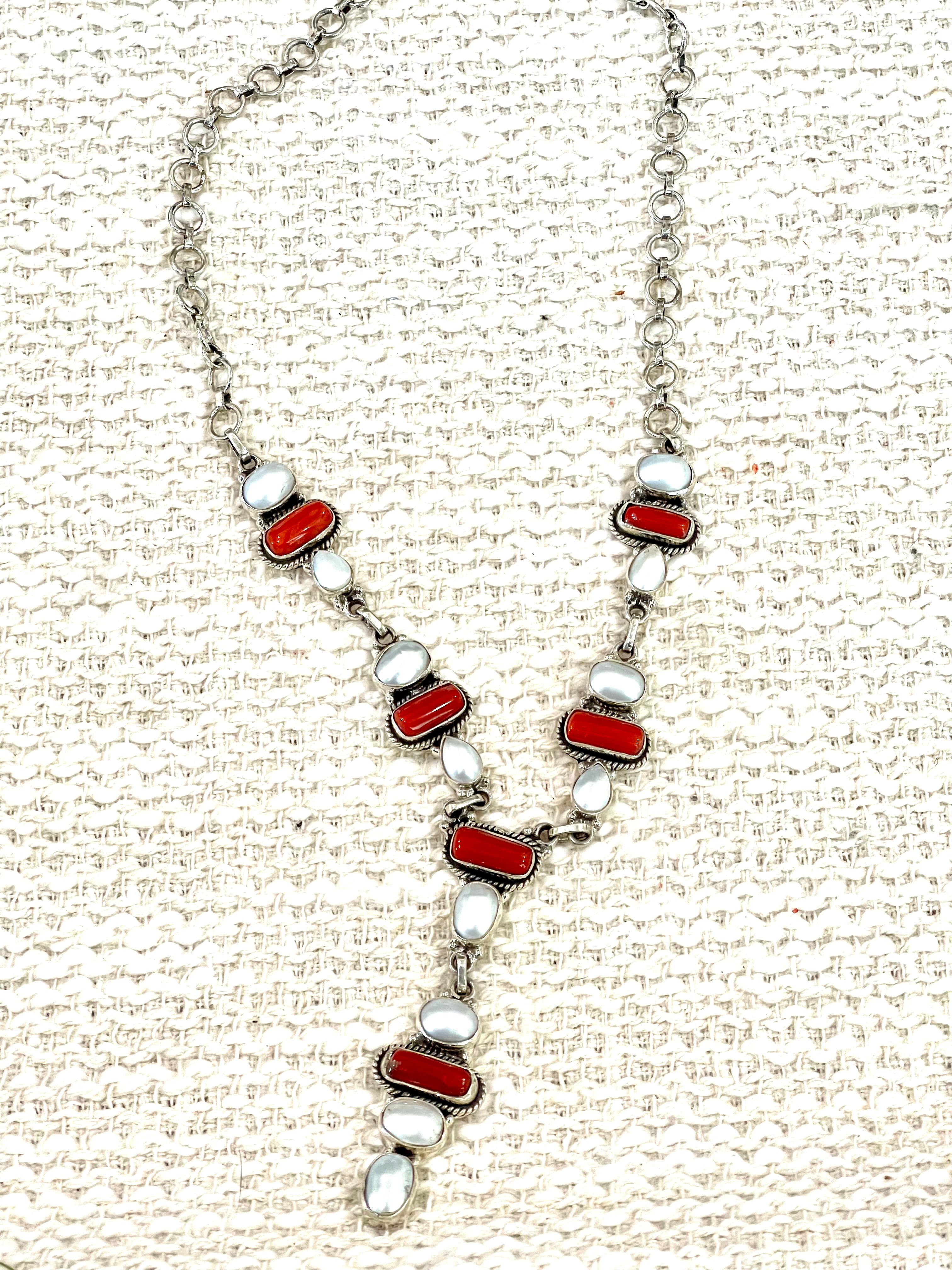 ** 4TH OF JULY ** Handmade Sterling , Silver Synthetic Opal & Coral Necklace with Signed Nizhoni