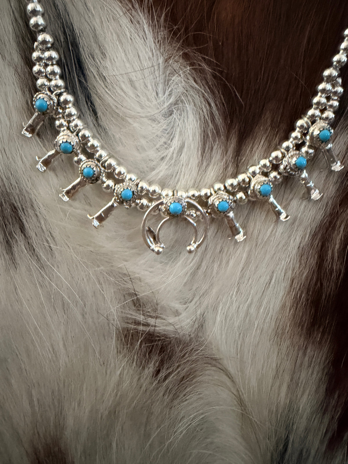 Handcrafted Turquoise & Sterling Silver Beaded Mini Squash Blossom Necklace