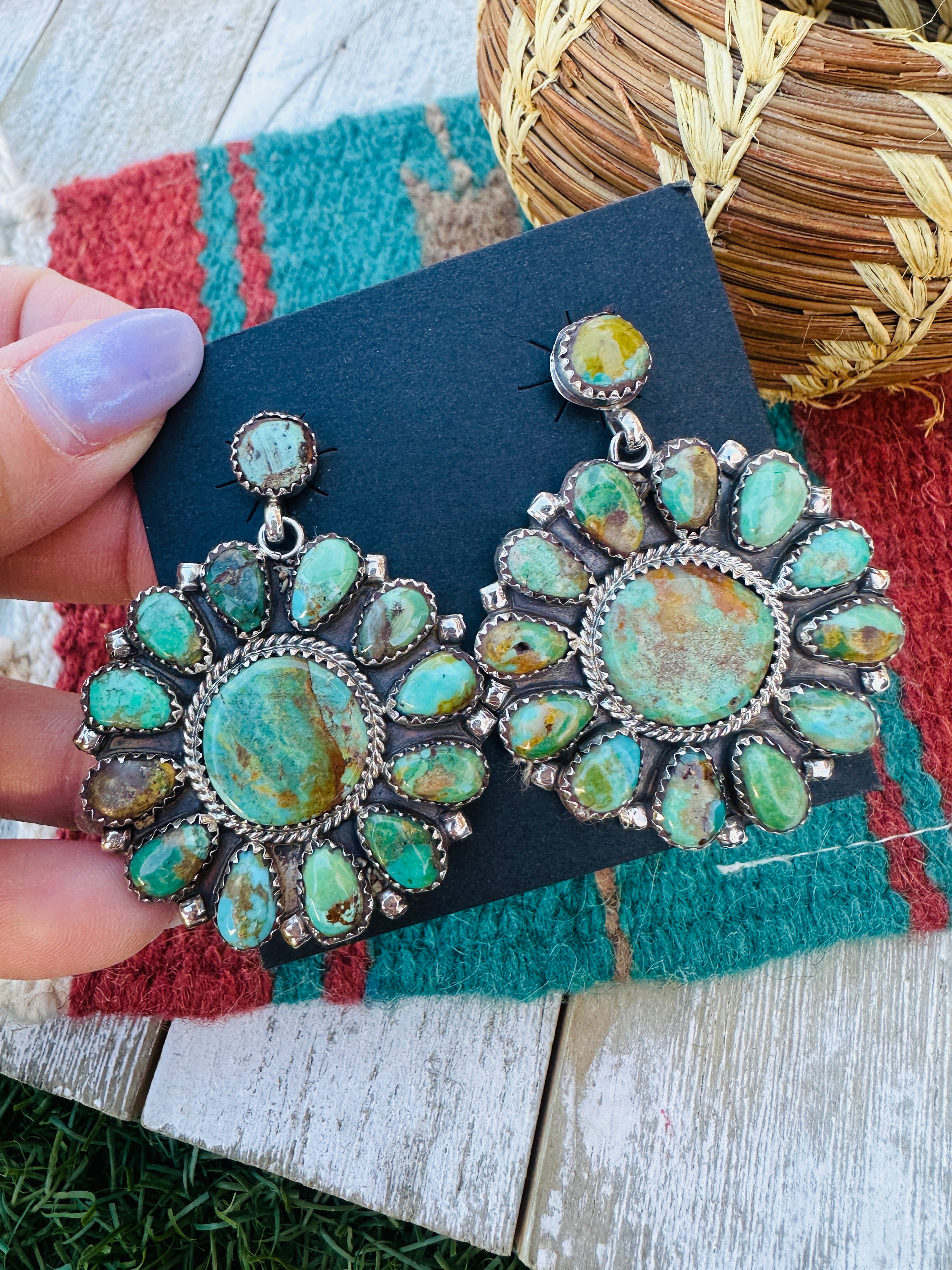 Handcrafted Turquoise & Sterling Silver Cluster Dangle Earrings