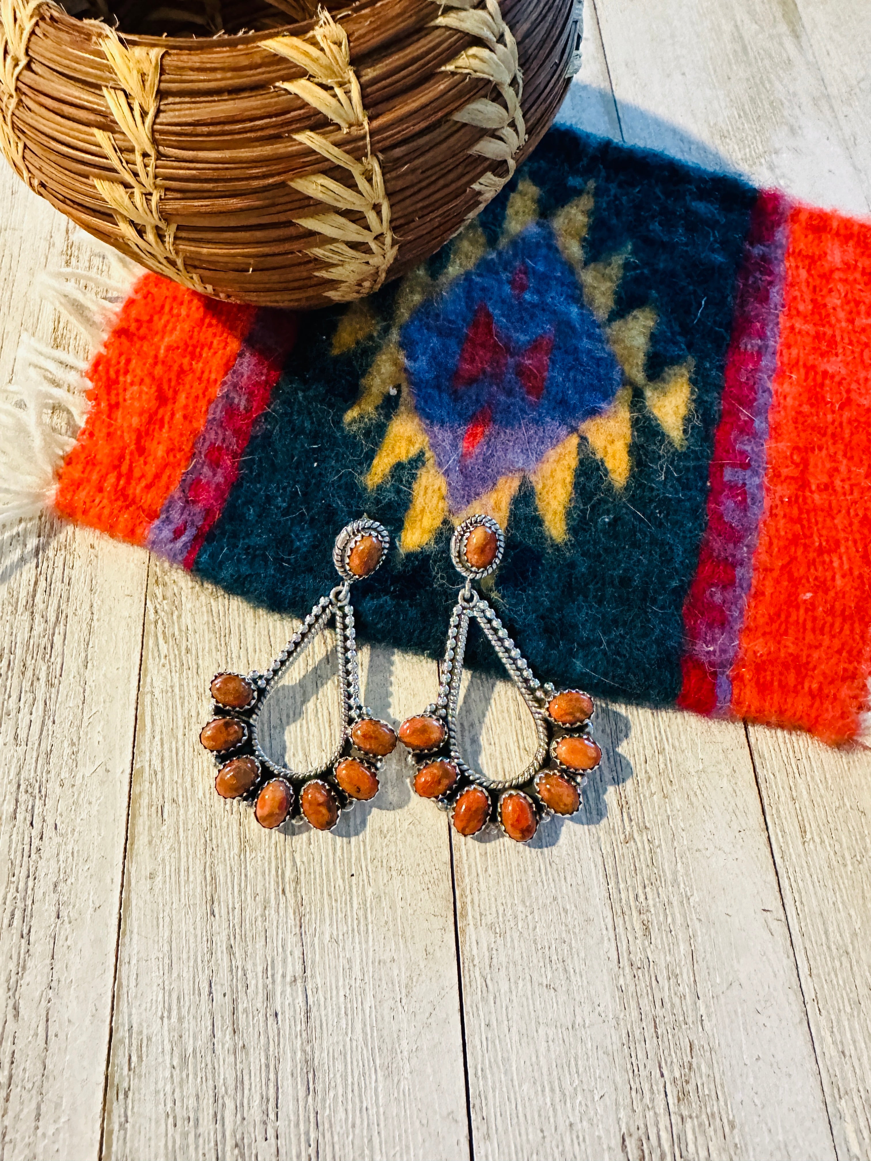 Handmade Orange Spiny & Sterling Silver Dangle Earrings Signed Nizhoni