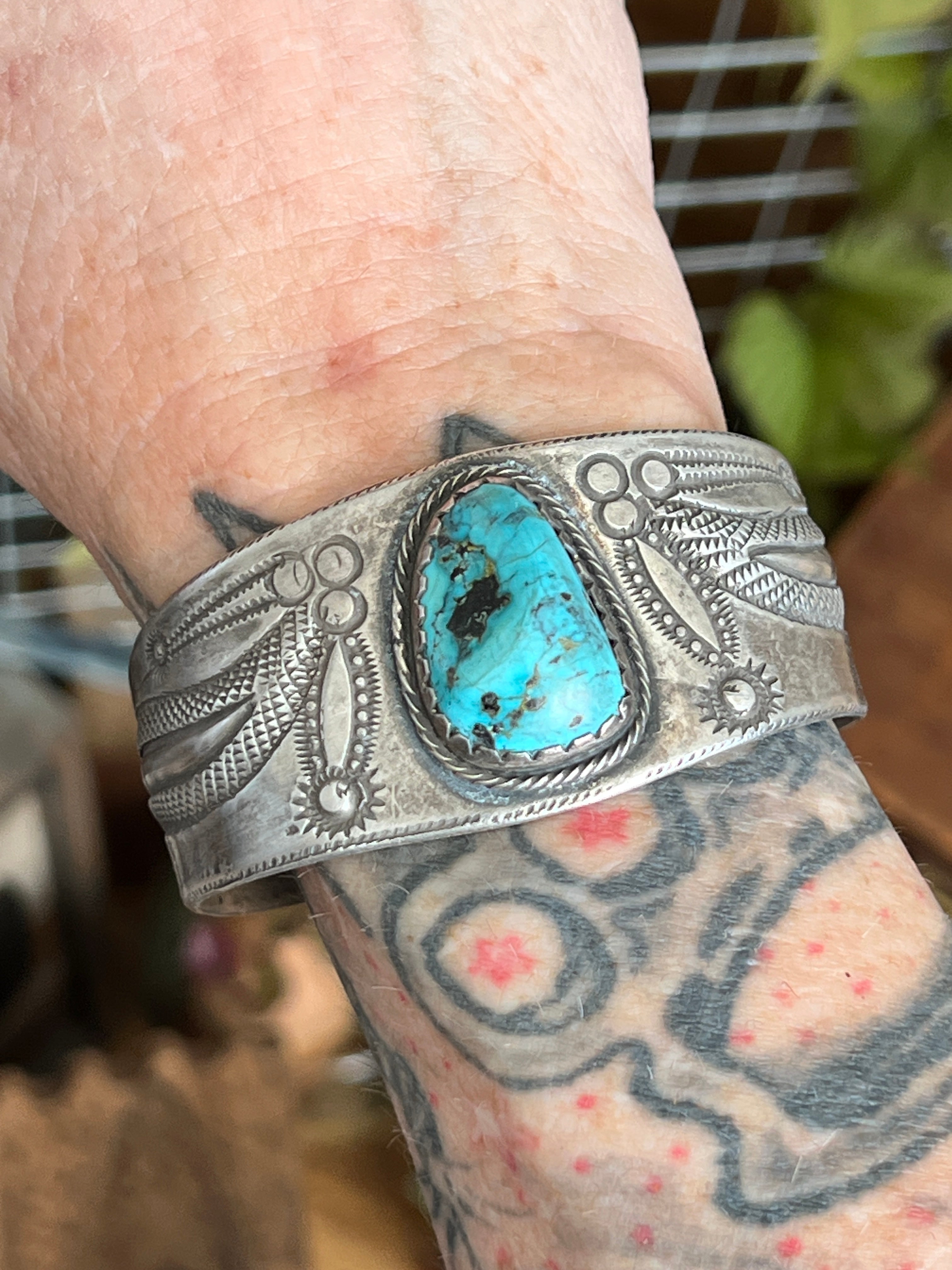 Hand Forged Old Pawn Sterling Silver Ingot Cuff Bracelet w/ Turquoise by Santa Fe Artist, Buffalo: The Spurs