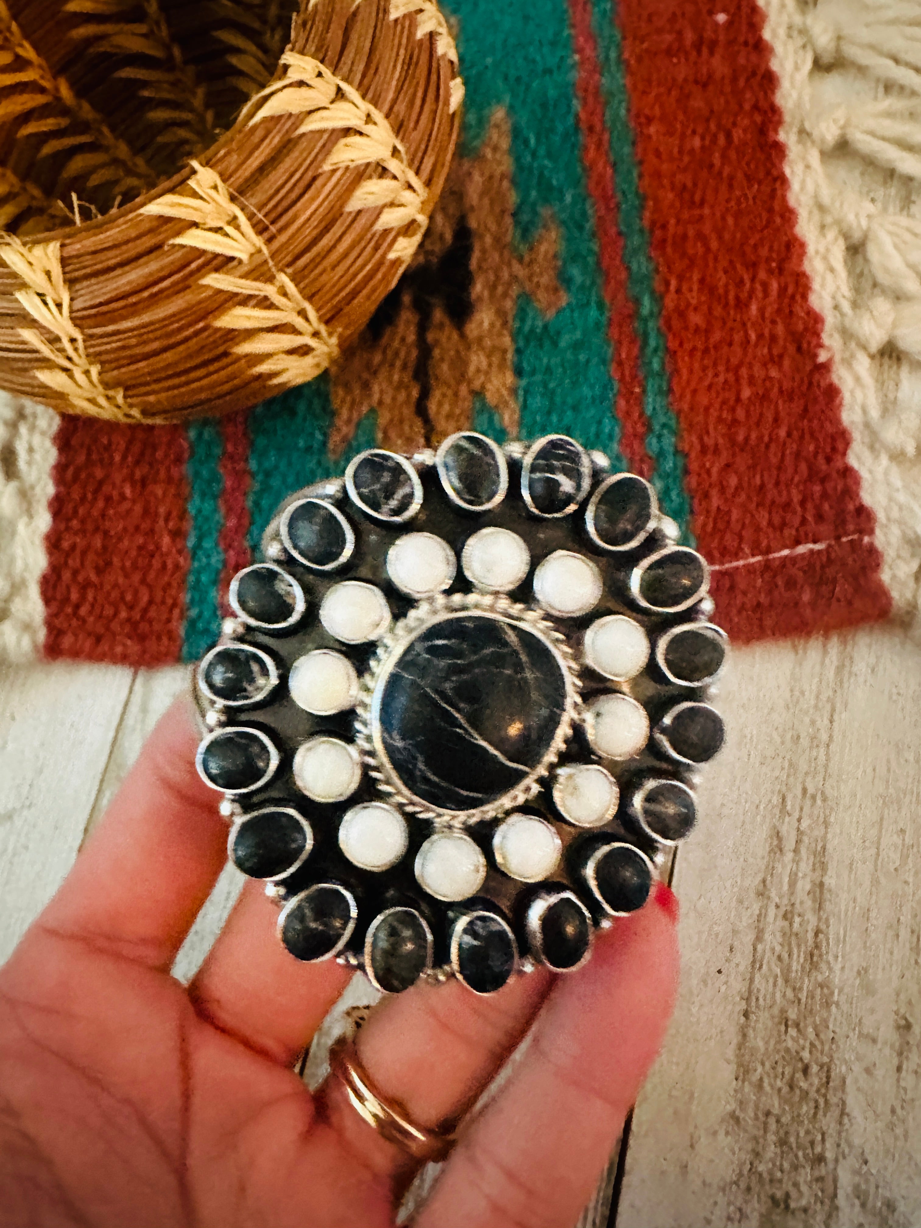 Navajo White Buffalo & Sterling Silver Cluster Cuff Bracelet