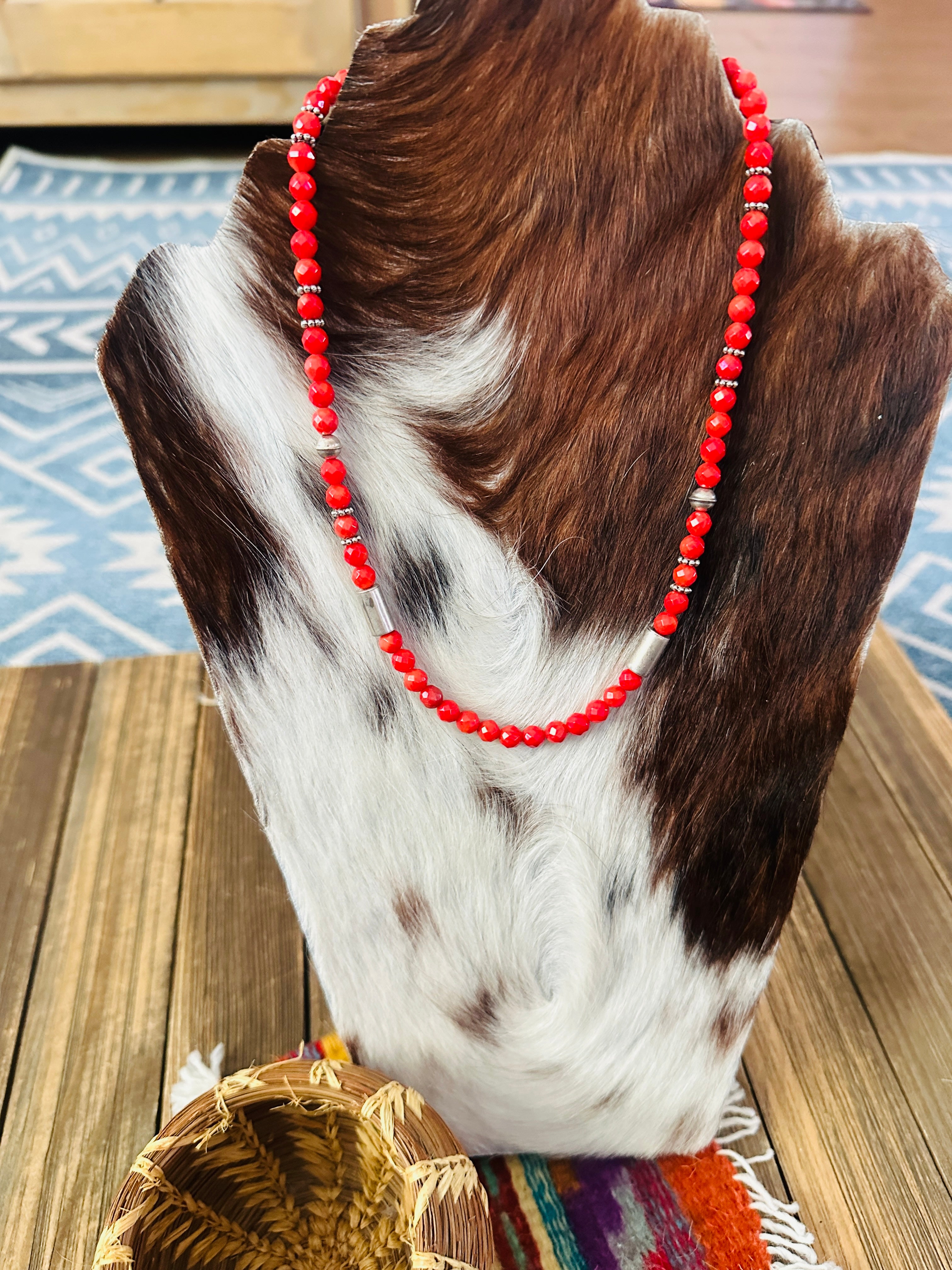 Handcrafted Red Agate & Sterling Silver Beaded 18” Necklace by T & R Singer