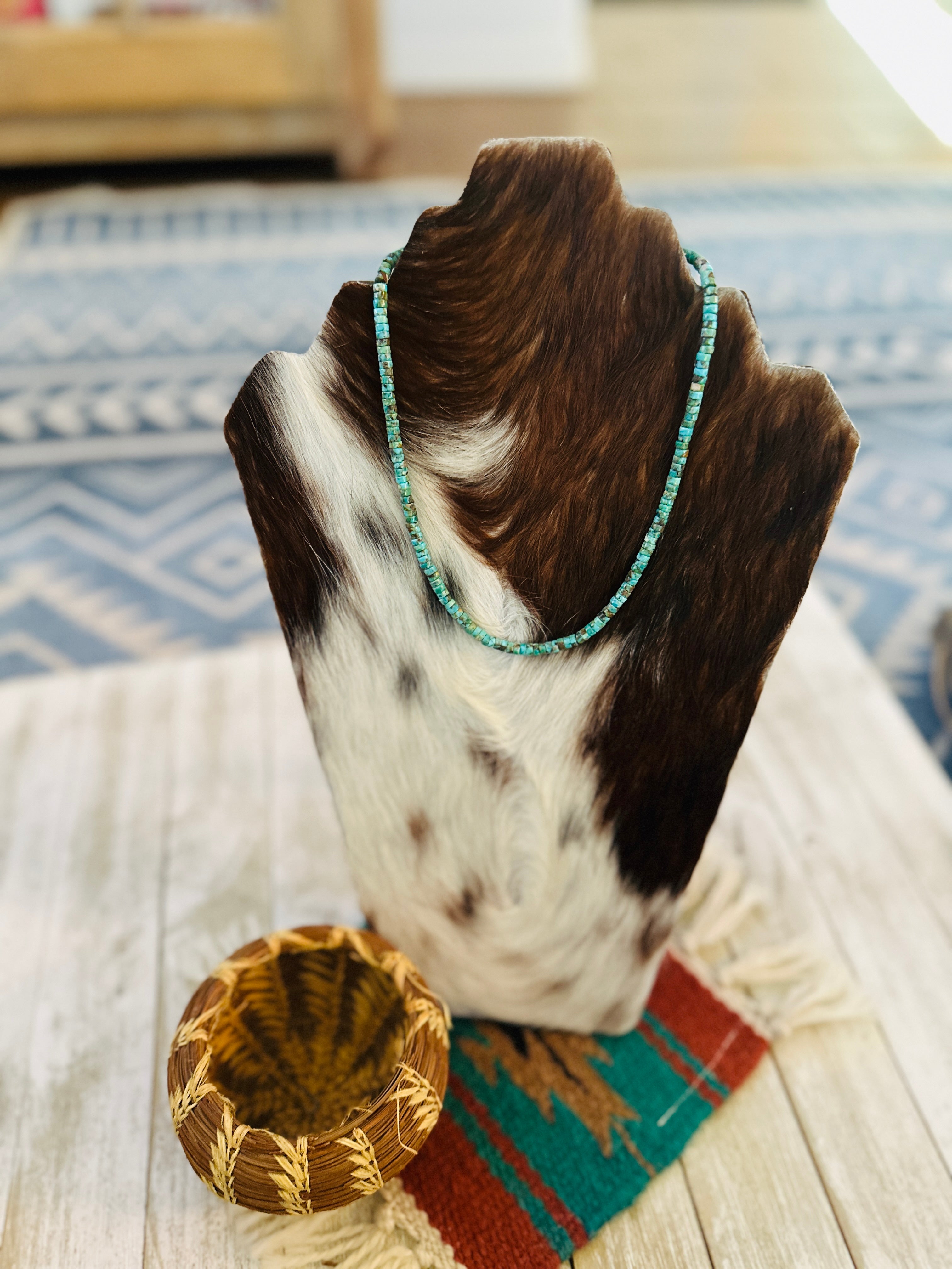 Handcrafted Turquoise & Sterling Silver Beaded Necklace 16”