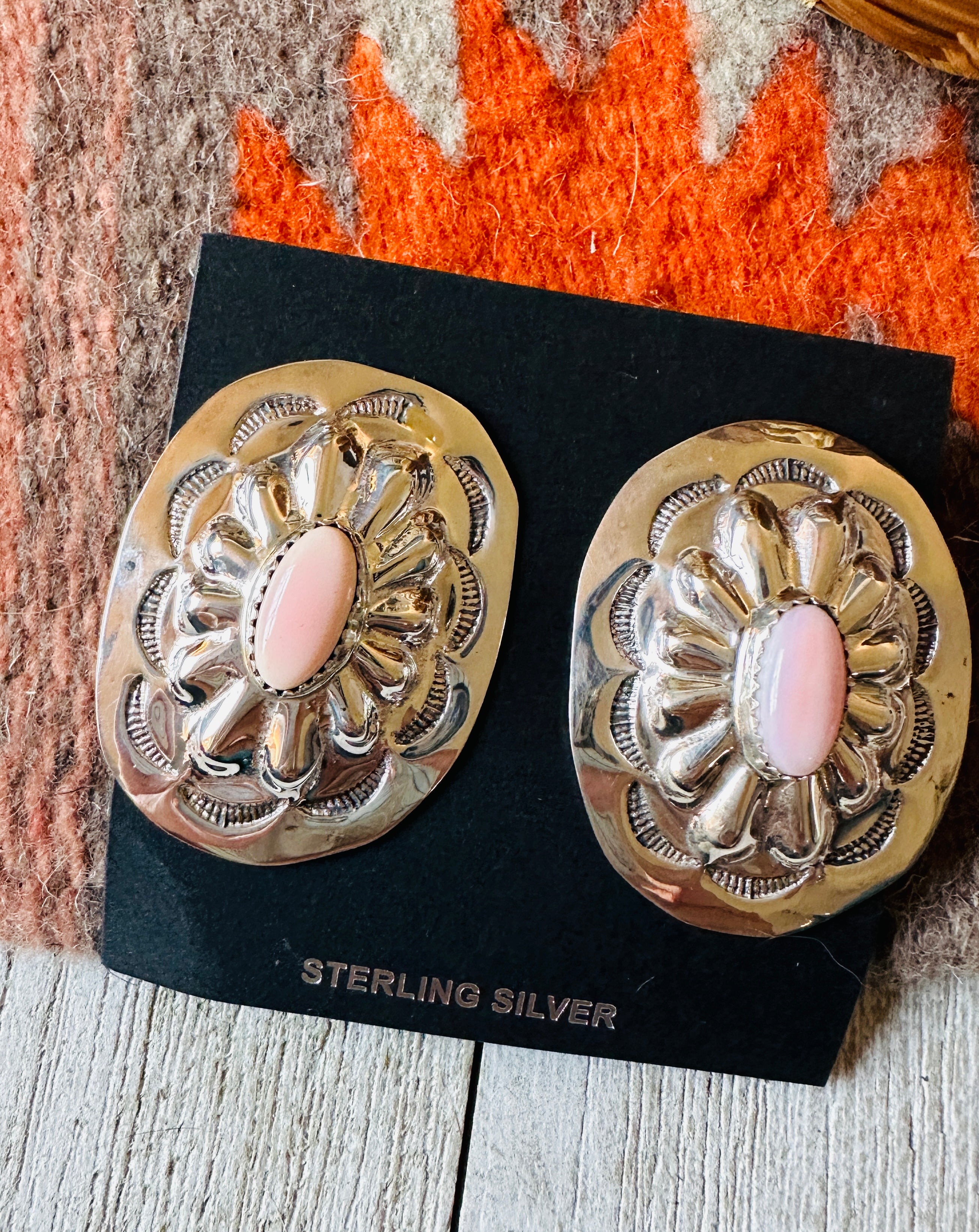 Navajo Sterling Silver & Queen Pink Conch Concho Post Earrings