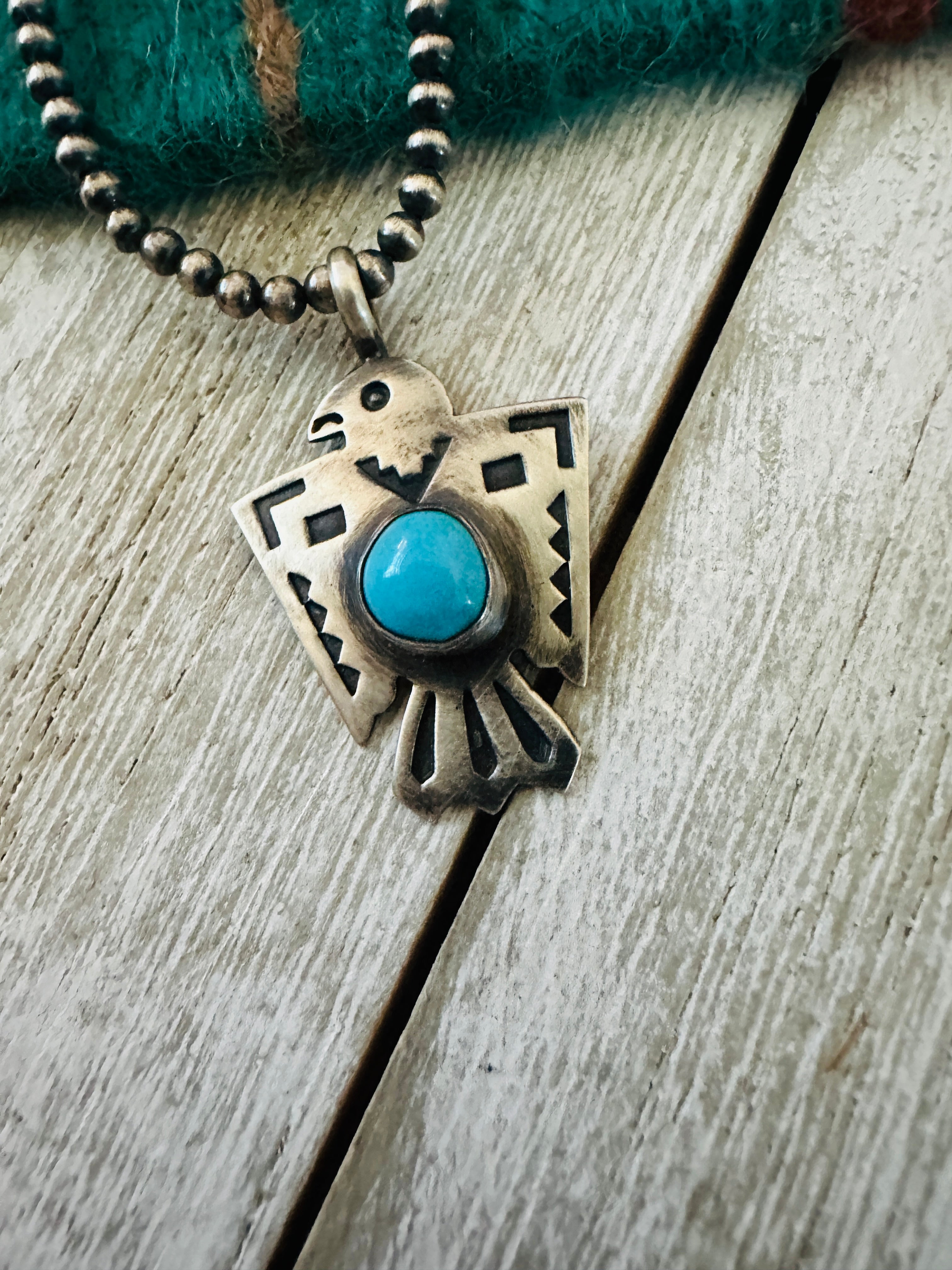 Handcrafted Turquoise & Sterling Silver Pearl Beaded Thunderbird Necklace