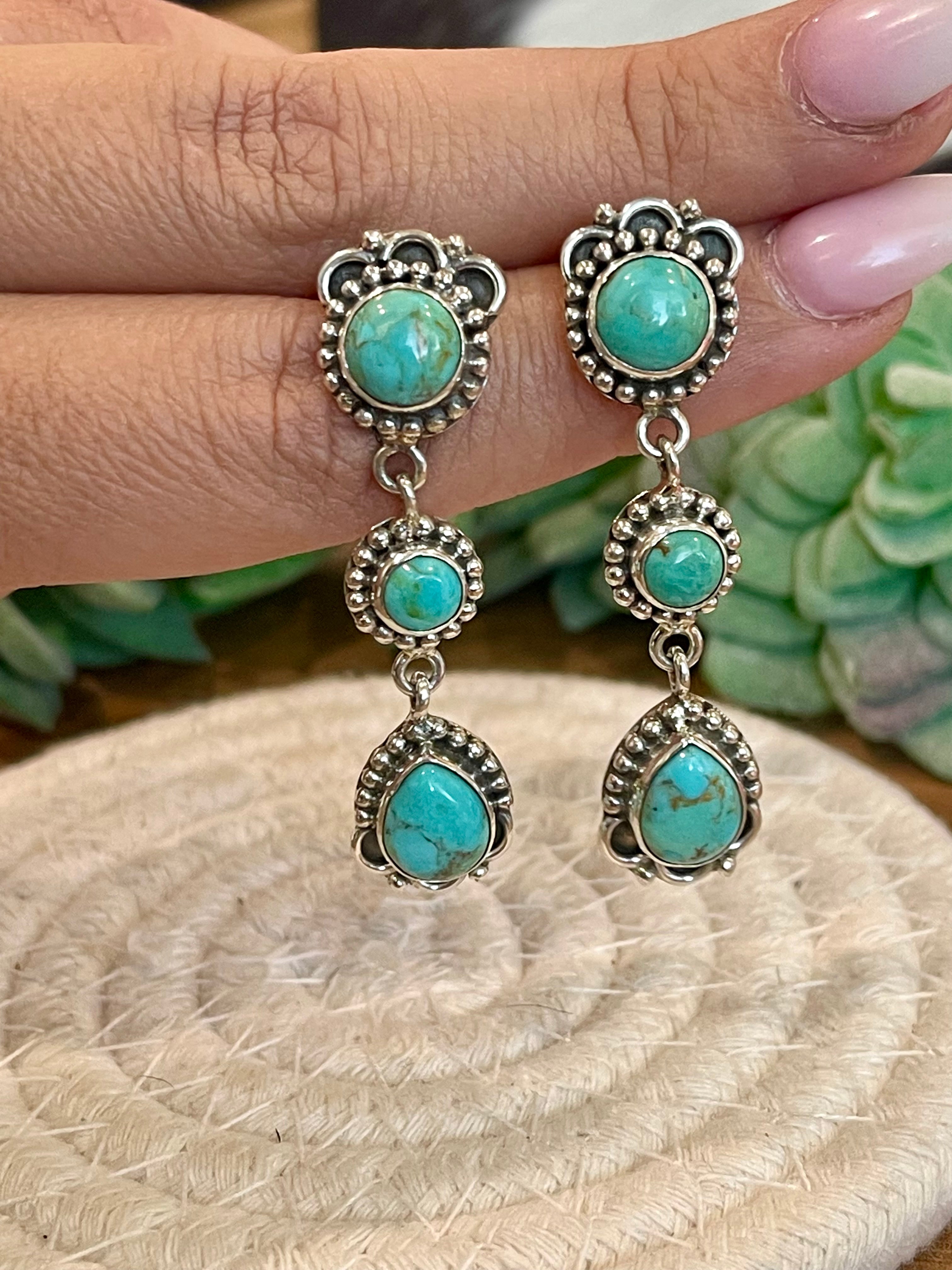 Handmade Turquoise and Sterling Silver Dangles 3 stone