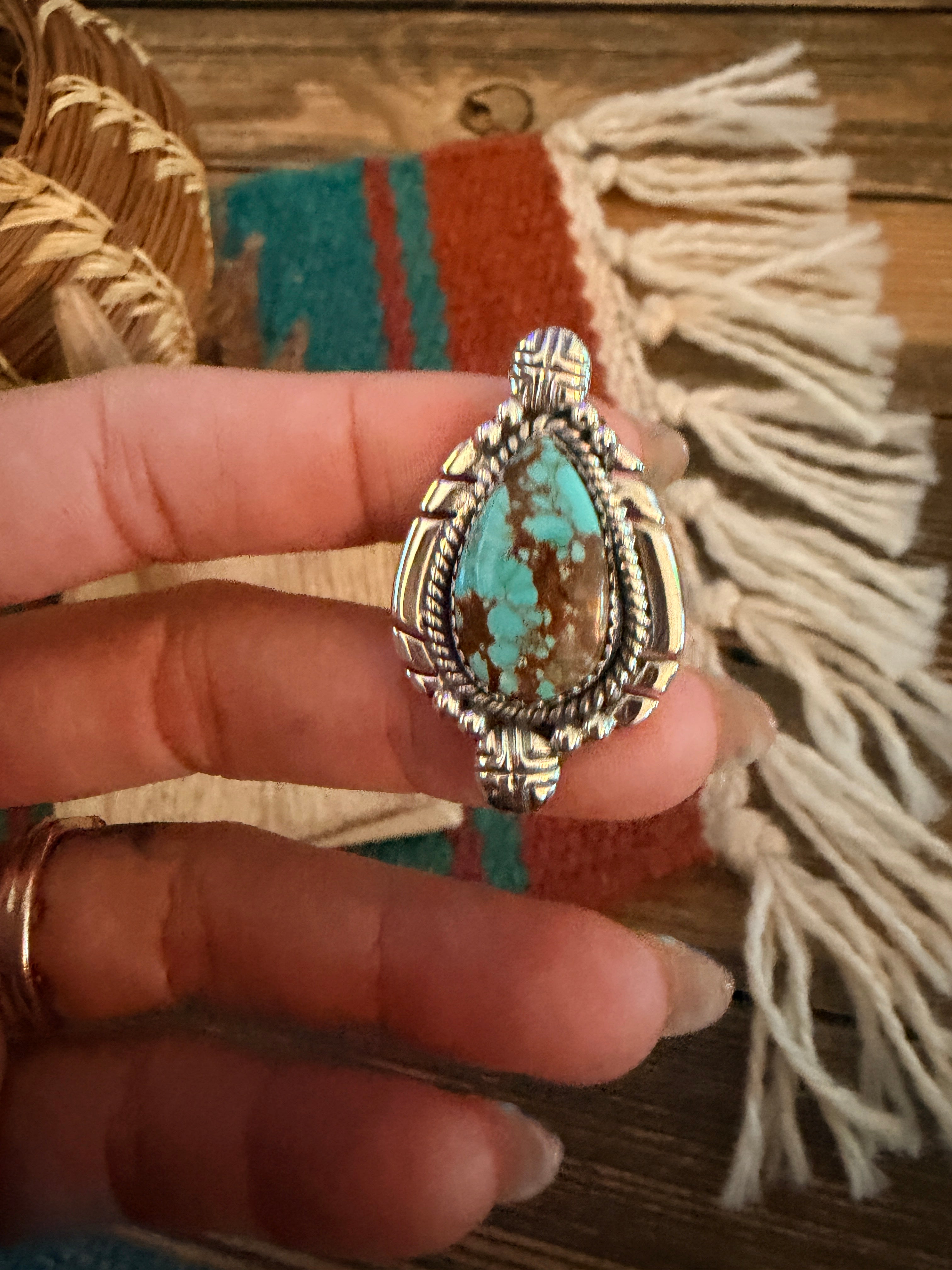 Handmade Sterling Silver Number 8 Turquoise Adjustable Ring Signed Nizhoni
