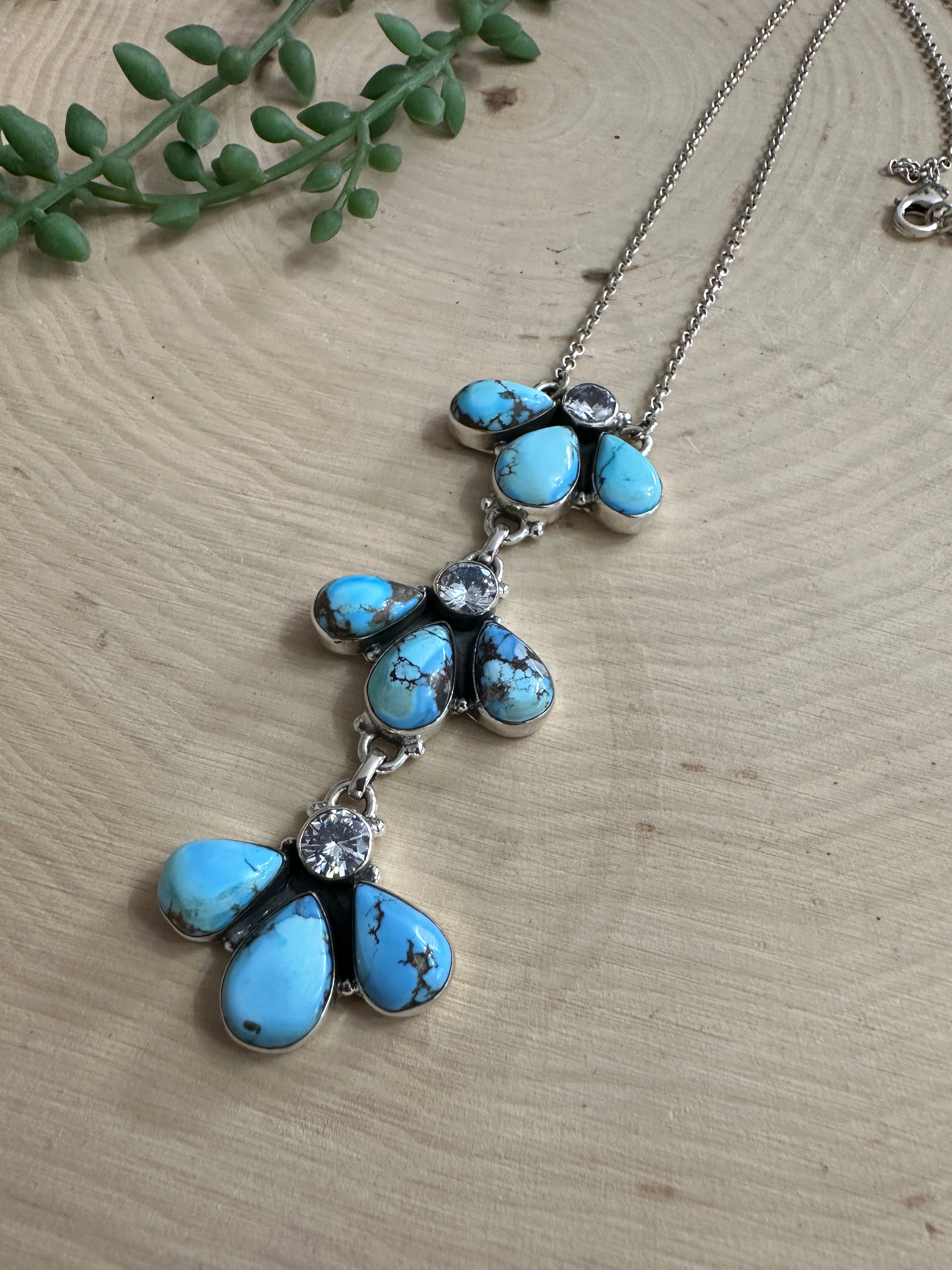 Beautiful Handmade Sterling Silver, CZ & Golden Hills Turquoise Necklace