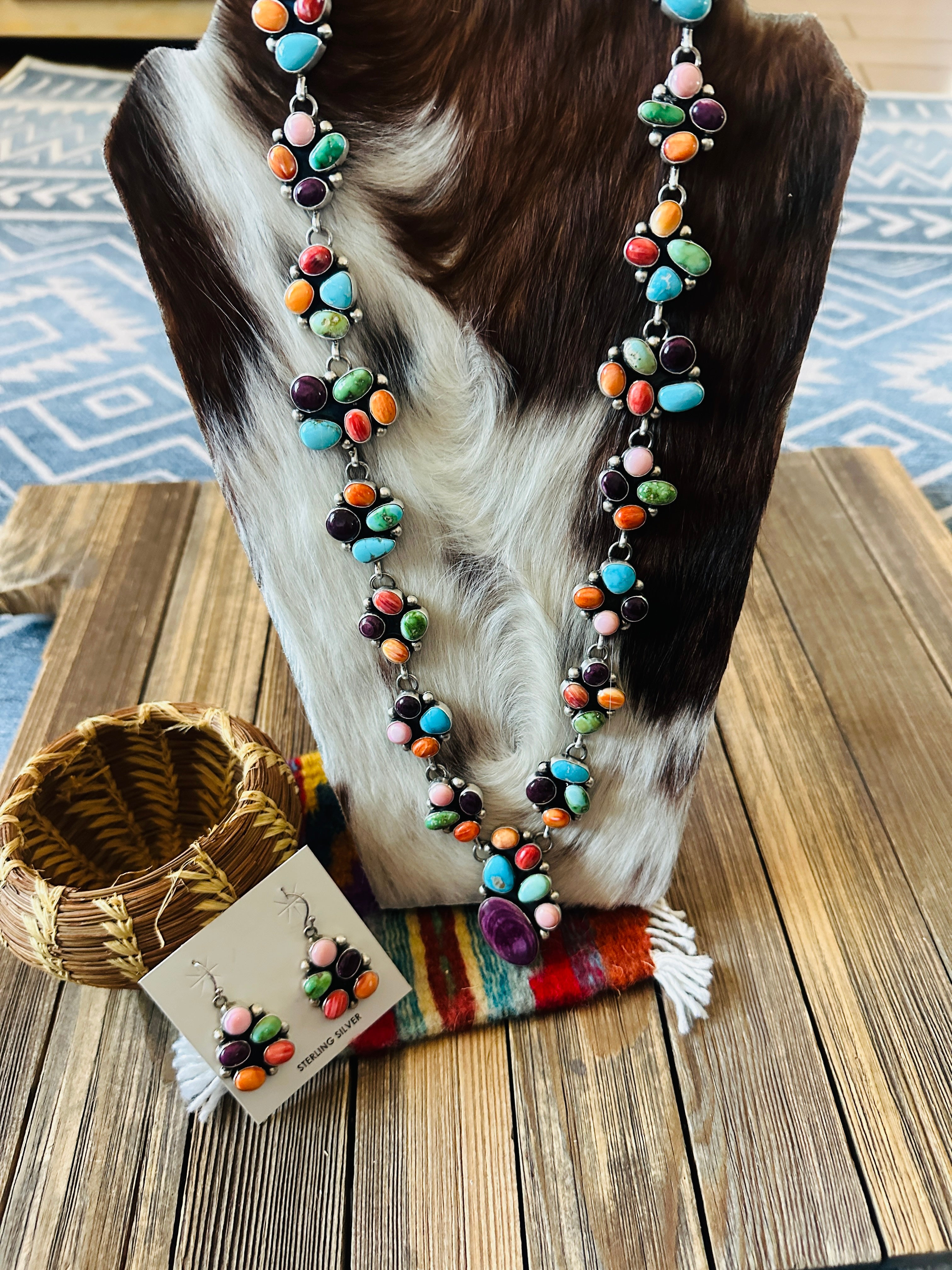 Handcrafted Multi Stone & Sterling Silver Cluster Necklace and Earring Set by Paul Livingston