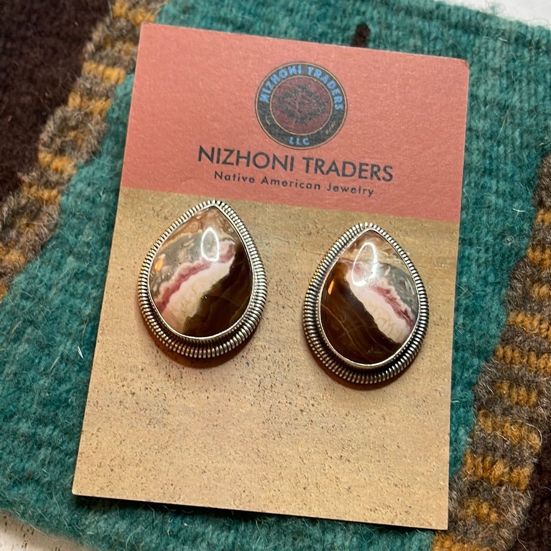 Navajo Sterling Silver & Rhodochrosite Stone Post Earrings